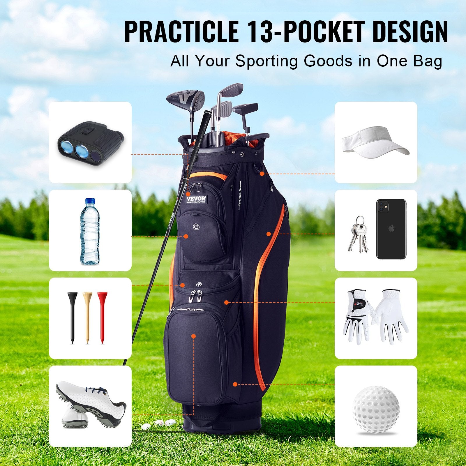 Golf Accessories: VEVOR Golf Cart Bag with 14 Way Organizer Divider Top, 36” 13 Pockets Premium Cart Bag, Durable 600D Polyester Fabric Golf Bags with Handles & Dust Cover & Detachable Straps for Men & Women, Black & Orange