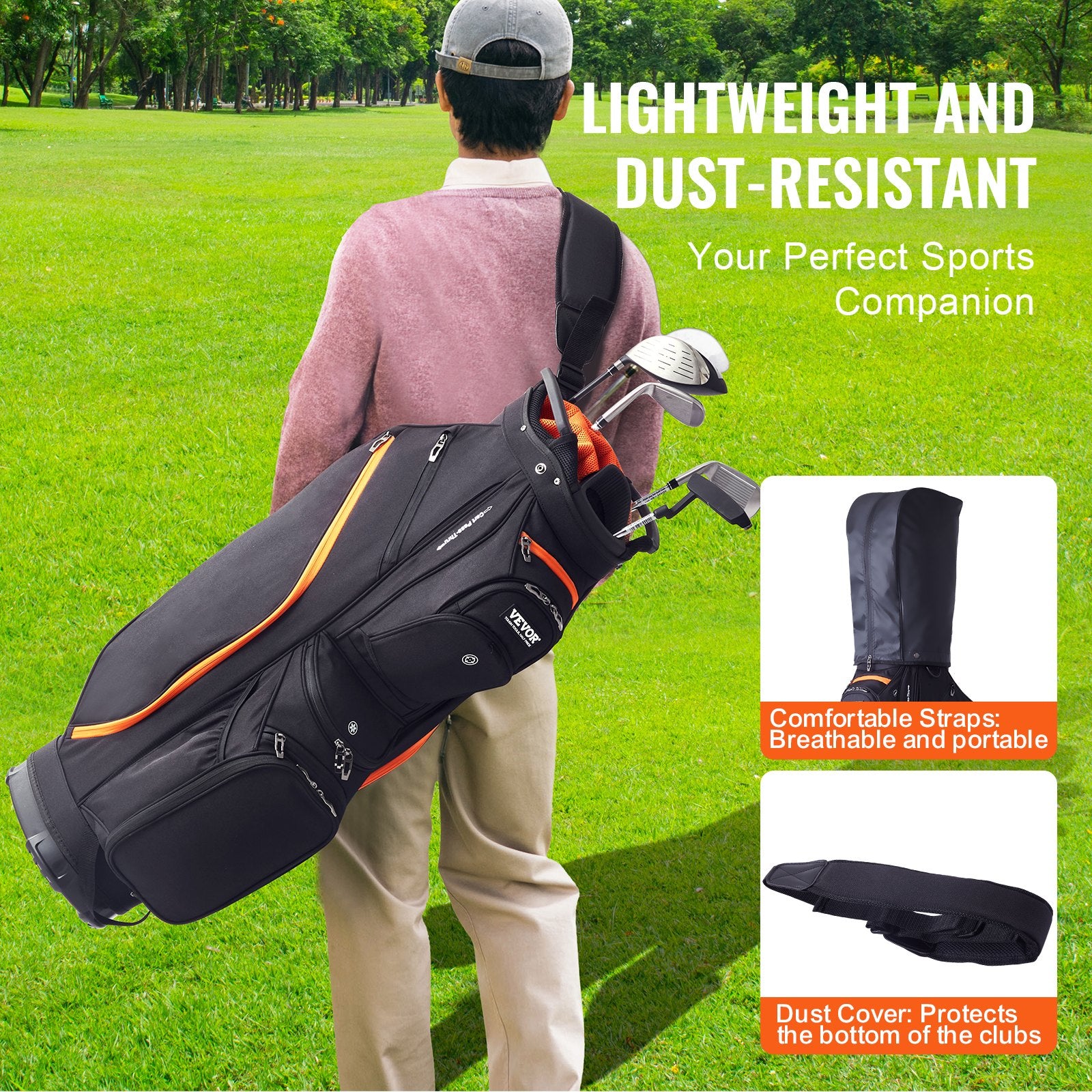 Golf Accessories: VEVOR Golf Cart Bag with 14 Way Organizer Divider Top, 36” 13 Pockets Premium Cart Bag, Durable 600D Polyester Fabric Golf Bags with Handles & Dust Cover & Detachable Straps for Men & Women, Black & Orange