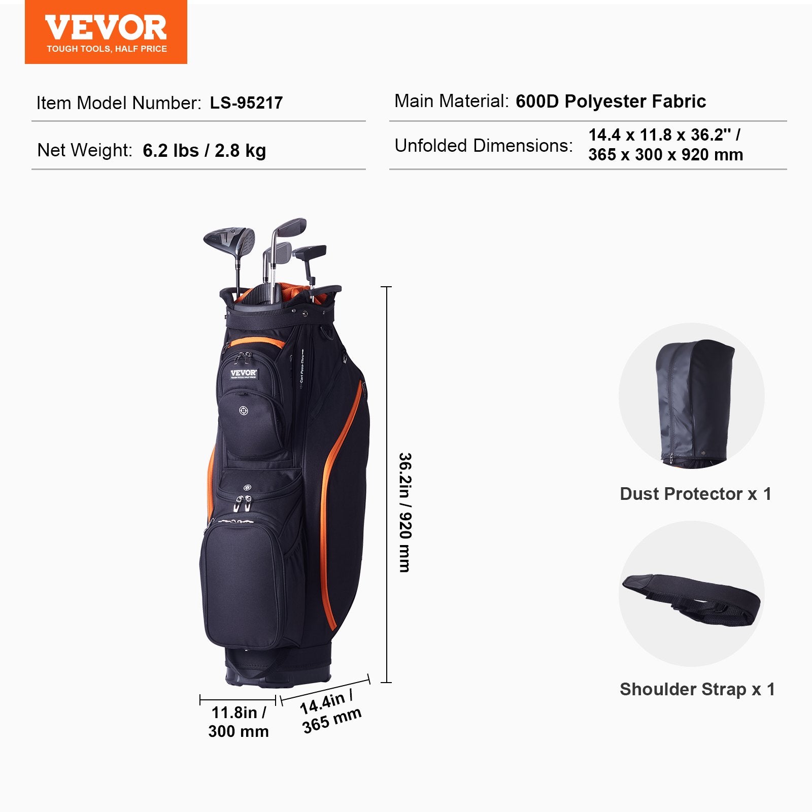Golf Accessories: VEVOR Golf Cart Bag with 14 Way Organizer Divider Top, 36” 13 Pockets Premium Cart Bag, Durable 600D Polyester Fabric Golf Bags with Handles & Dust Cover & Detachable Straps for Men & Women, Black & Orange