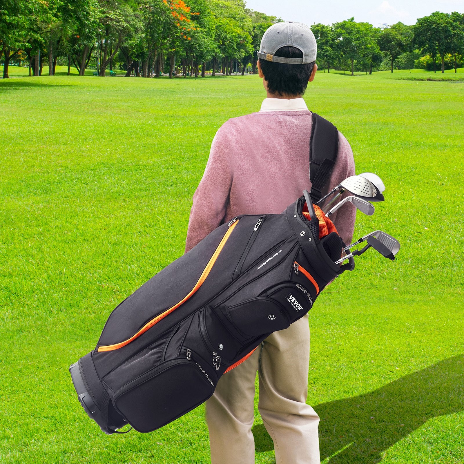 Golf Accessories: VEVOR Golf Cart Bag with 14 Way Organizer Divider Top, 36” 13 Pockets Premium Cart Bag, Durable 600D Polyester Fabric Golf Bags with Handles & Dust Cover & Detachable Straps for Men & Women, Black & Orange