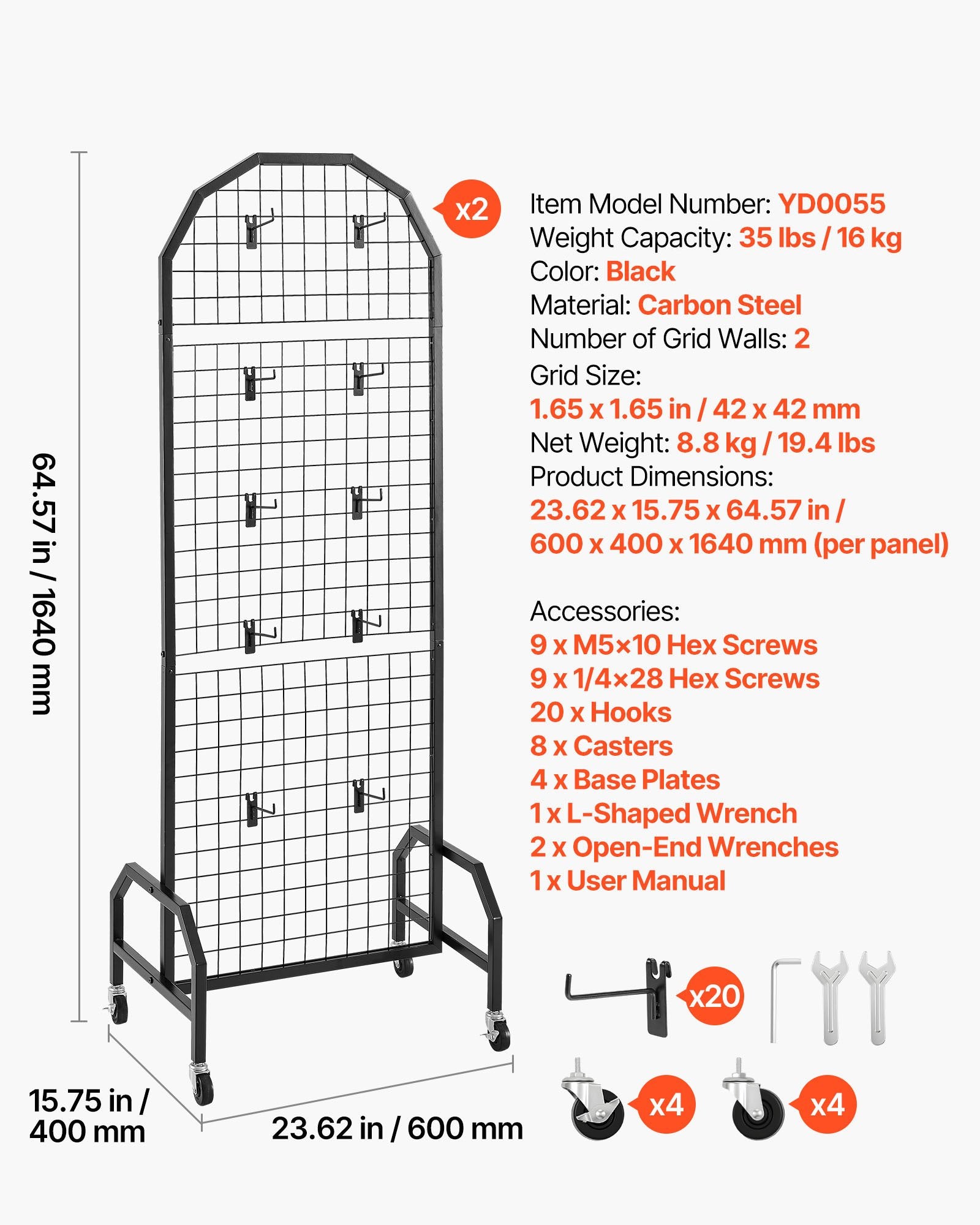 Building Toys: VEVOR 2 Packs Grid Wall Panels, 600 x 1640mm Wire Grid Panels Display Rack, Movable Art Display Shelf with Wheels and 20 Hooks, Black Carbon Steel Gridwall for Craft Show, Decor, Storage, Notice Board