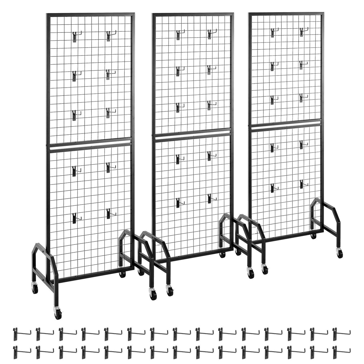 3 Packs Grid Wall Panels, 600 x 1640mm Wire Grid Panels Display Rack, Movable Art Display Shelf with Wheels and 30 Hooks, Black Carbon Steel Gridwall for Craft Show, Decor, Storage, Notice Board