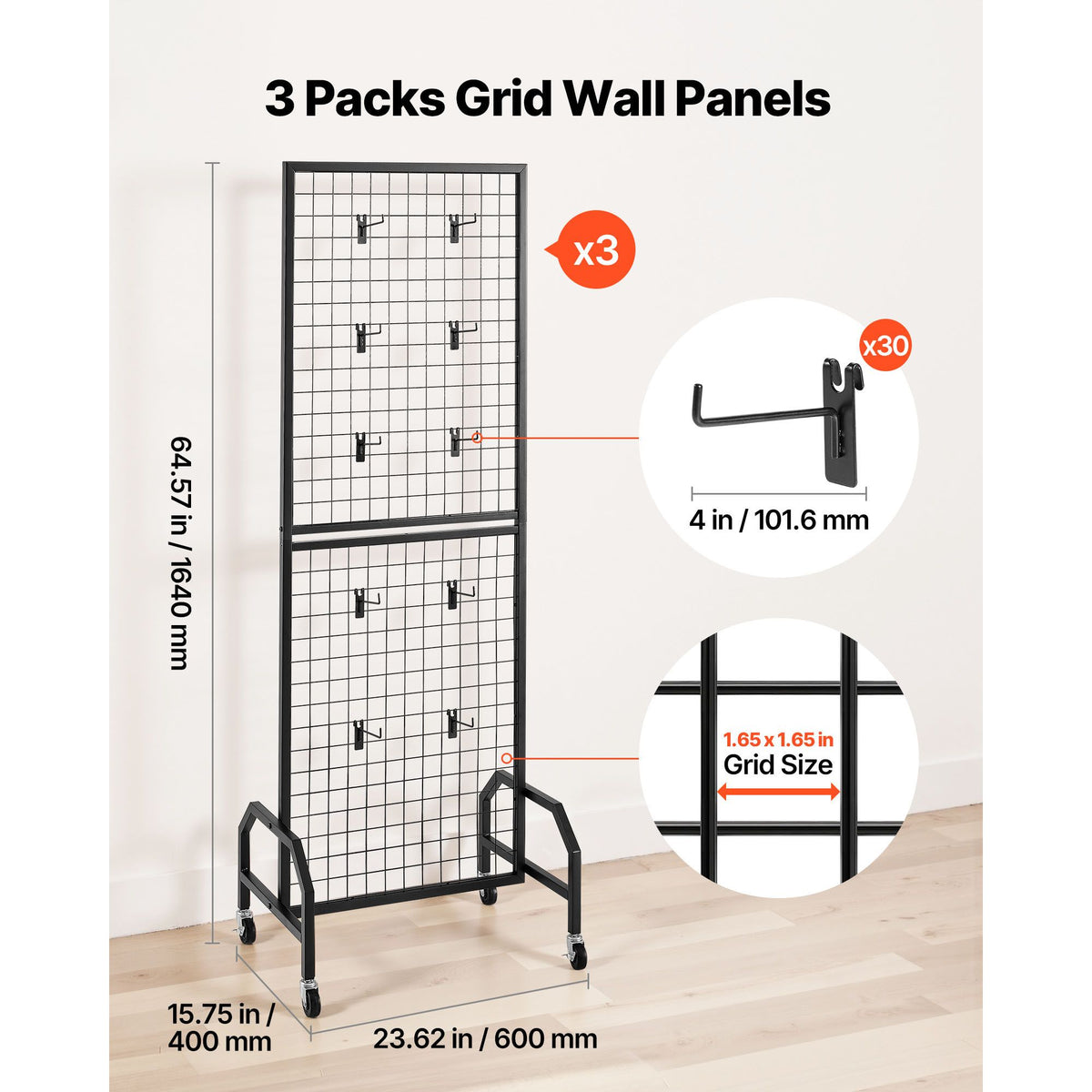 3 Packs Grid Wall Panels, 600 x 1640mm Wire Grid Panels Display Rack, Movable Art Display Shelf with Wheels and 30 Hooks, Black Carbon Steel Gridwall for Craft Show, Decor, Storage, Notice Board