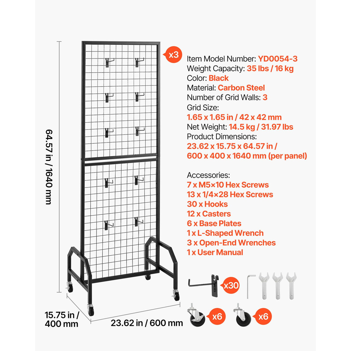 3 Packs Grid Wall Panels, 600 x 1640mm Wire Grid Panels Display Rack, Movable Art Display Shelf with Wheels and 30 Hooks, Black Carbon Steel Gridwall for Craft Show, Decor, Storage, Notice Board