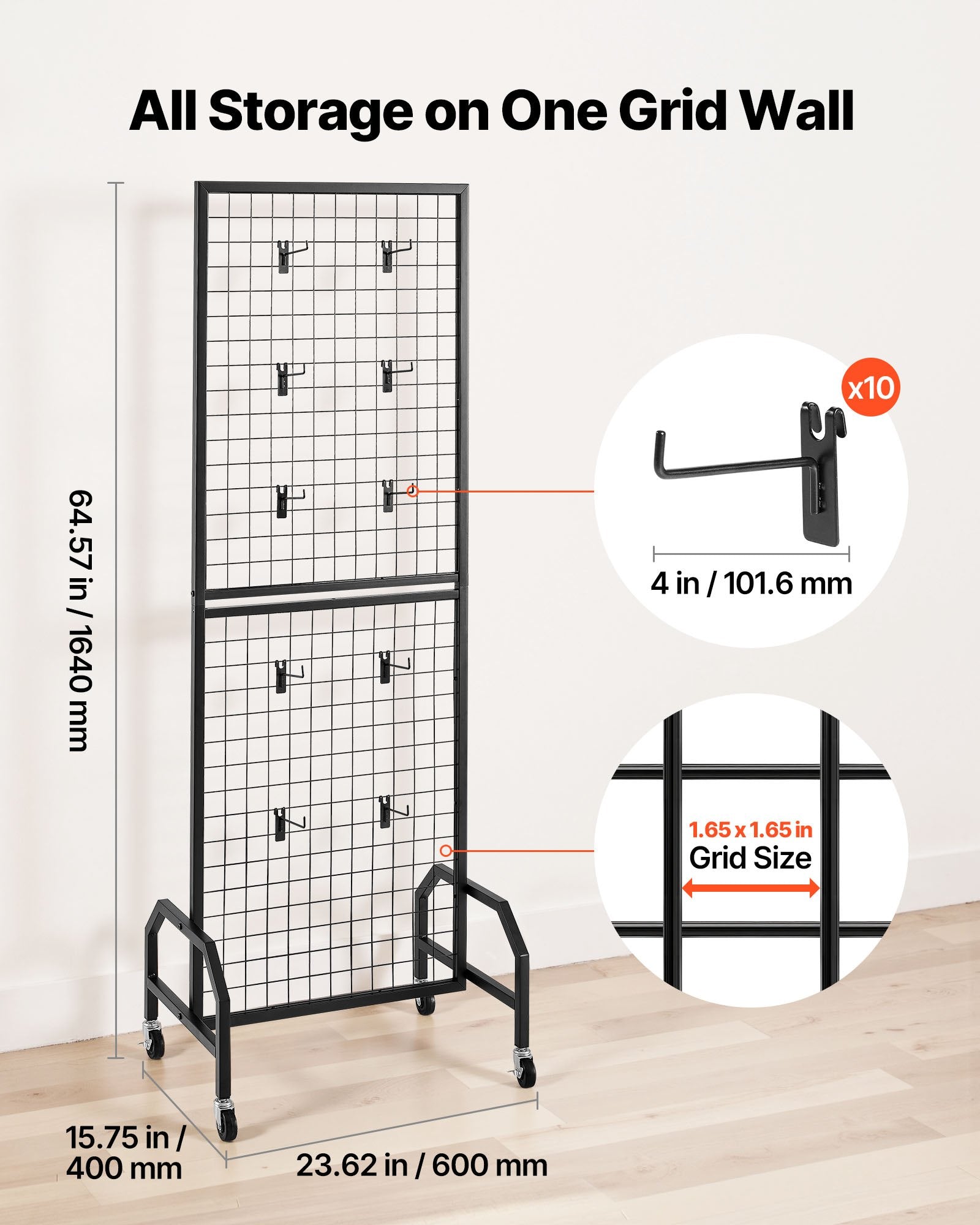 Room Dividers: VEVOR Grid Wall Panel, 600 x 1640 mm Wire Grid Panels Display Rack, Movable Art Display Shelf with Wheels and 10 Hooks, Black Carbon Steel Gridwall for Craft Show, Decoration, Storage, Notice Board