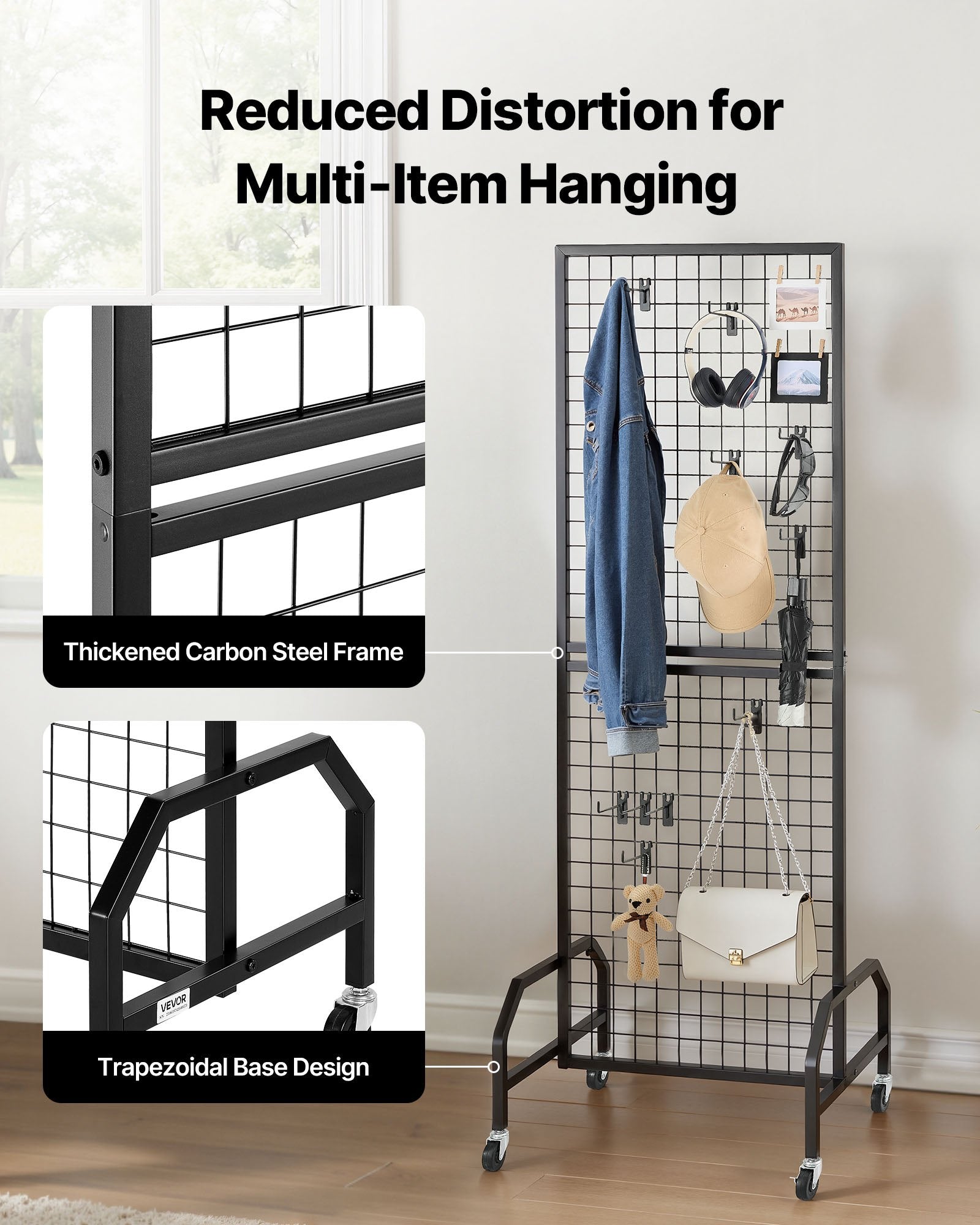 Room Dividers: VEVOR Grid Wall Panel, 600 x 1640 mm Wire Grid Panels Display Rack, Movable Art Display Shelf with Wheels and 10 Hooks, Black Carbon Steel Gridwall for Craft Show, Decoration, Storage, Notice Board