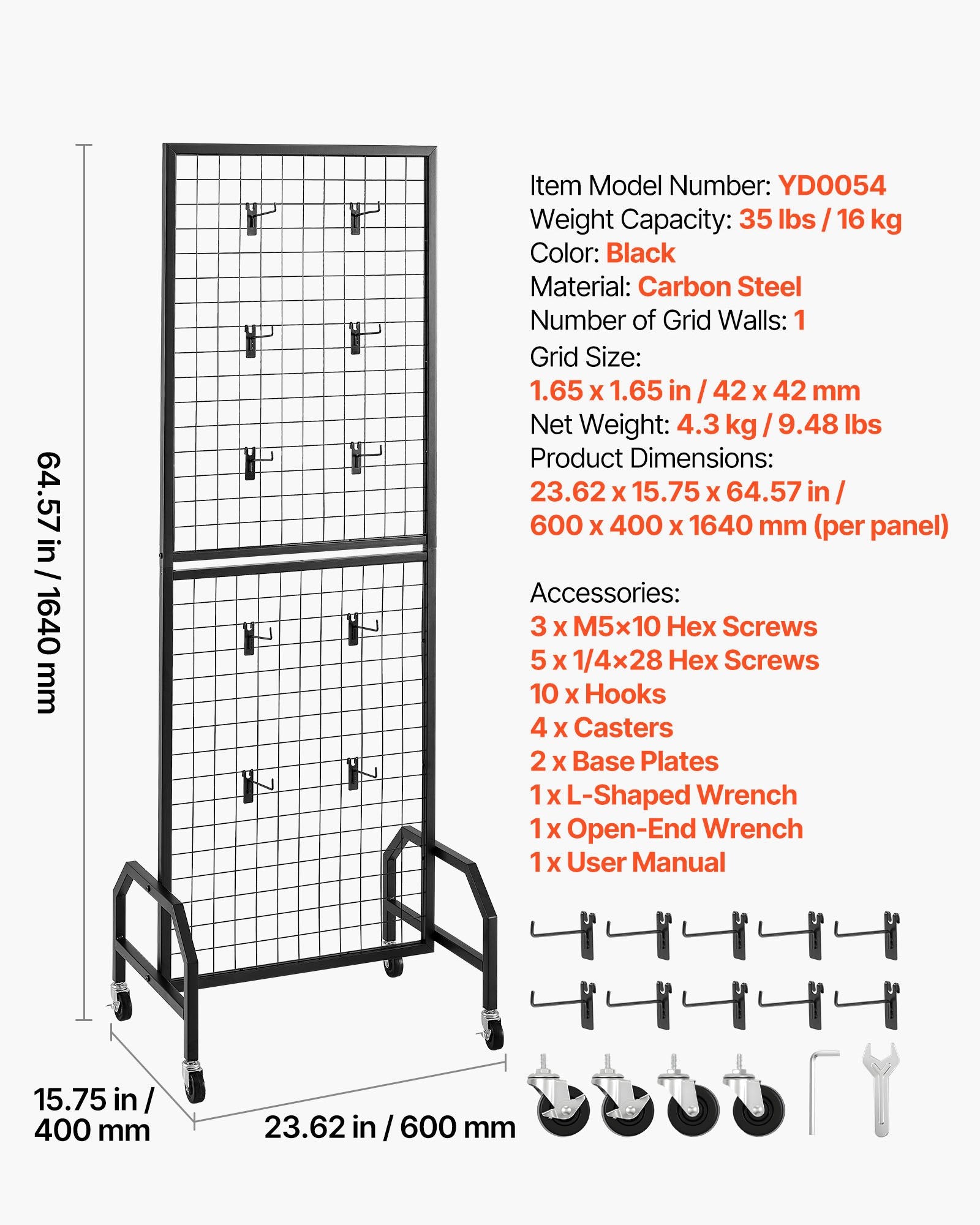 Room Dividers: VEVOR Grid Wall Panel, 600 x 1640 mm Wire Grid Panels Display Rack, Movable Art Display Shelf with Wheels and 10 Hooks, Black Carbon Steel Gridwall for Craft Show, Decoration, Storage, Notice Board