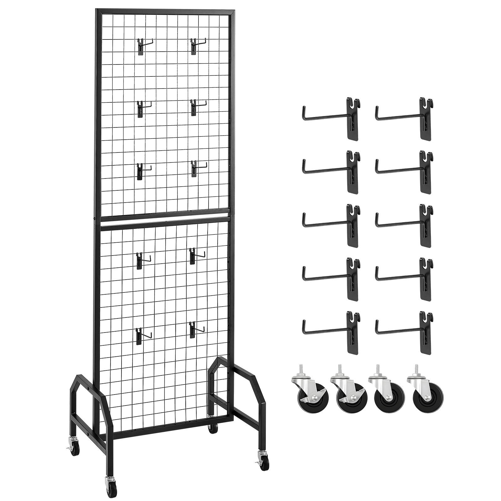 Room Dividers: VEVOR Grid Wall Panel, 600 x 1640 mm Wire Grid Panels Display Rack, Movable Art Display Shelf with Wheels and 10 Hooks, Black Carbon Steel Gridwall for Craft Show, Decoration, Storage, Notice Board