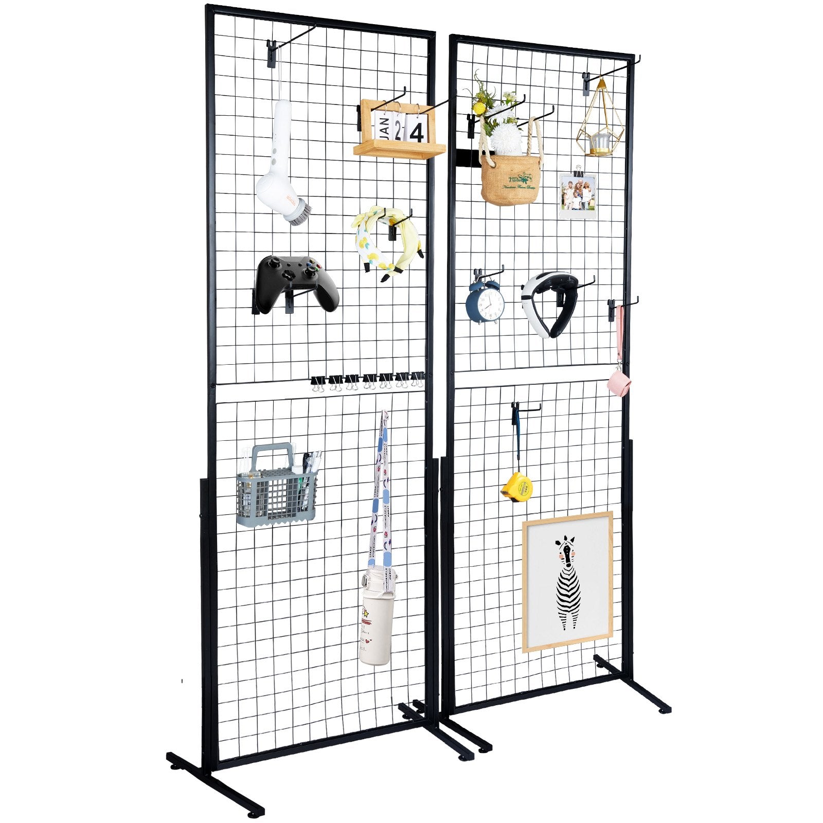 Building Toys: VEVOR 2' x 5.6' Grid Wall Panels Tower, 2 Packs Wire Gridwall Display Racks with T-Base Floorstanding, Double Side Gridwall Panels for Art Craft Shows, Retail Display with Extra Clips and Hooks