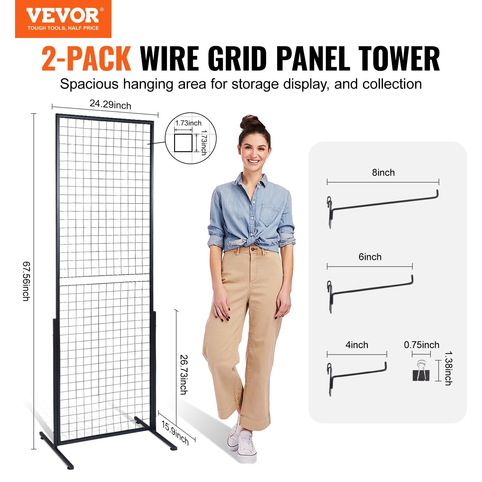 Building Toys: VEVOR 2' x 5.6' Grid Wall Panels Tower, 2 Packs Wire Gridwall Display Racks with T-Base Floorstanding, Double Side Gridwall Panels for Art Craft Shows, Retail Display with Extra Clips and Hooks