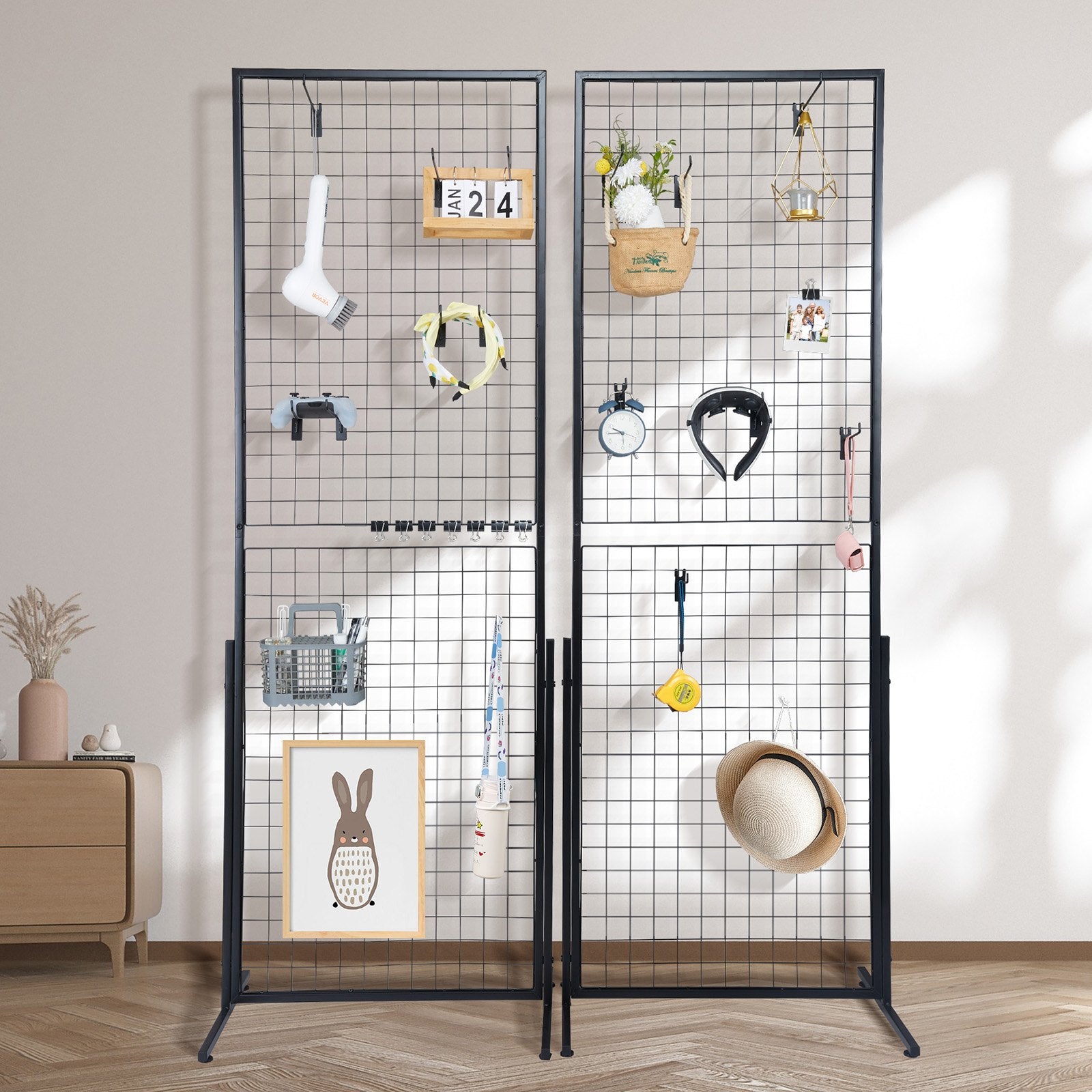 Building Toys: VEVOR 2' x 5.6' Grid Wall Panels Tower, 2 Packs Wire Gridwall Display Racks with T-Base Floorstanding, Double Side Gridwall Panels for Art Craft Shows, Retail Display with Extra Clips and Hooks