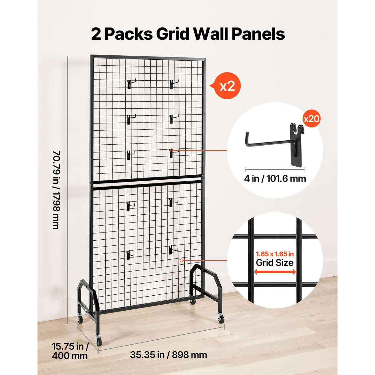 2 Packs Grid Wall Panels, 898 x 1798 mm Wire Grid Panels Display Rack, Movable Art Display Shelf with Wheels & 10 Hooks, Black Carbon Steel Gridwall for Craft Show, Decor, Storage, Notice Board