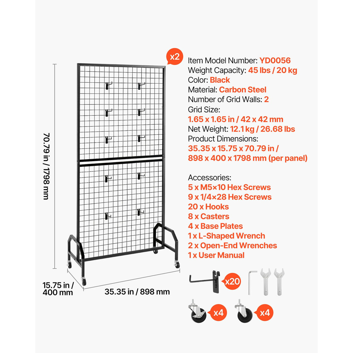 2 Packs Grid Wall Panels, 898 x 1798 mm Wire Grid Panels Display Rack, Movable Art Display Shelf with Wheels & 10 Hooks, Black Carbon Steel Gridwall for Craft Show, Decor, Storage, Notice Board