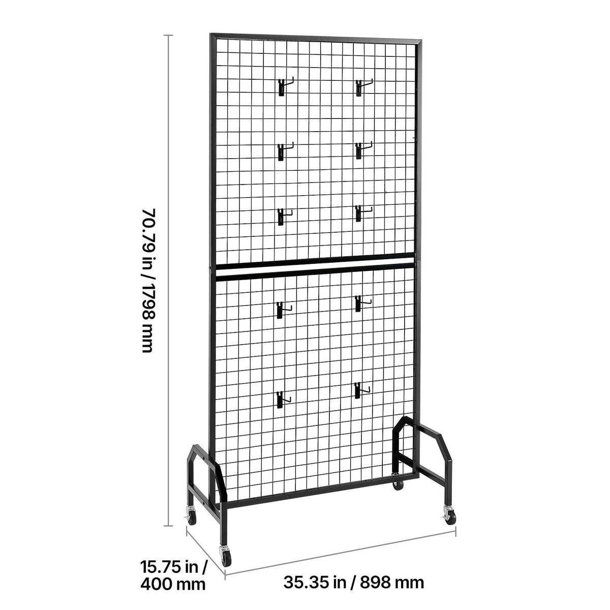 2 Packs Grid Wall Panels, 898 x 1798 mm Wire Grid Panels Display Rack, Movable Art Display Shelf with Wheels & 10 Hooks, Black Carbon Steel Gridwall for Craft Show, Decor, Storage, Notice Board