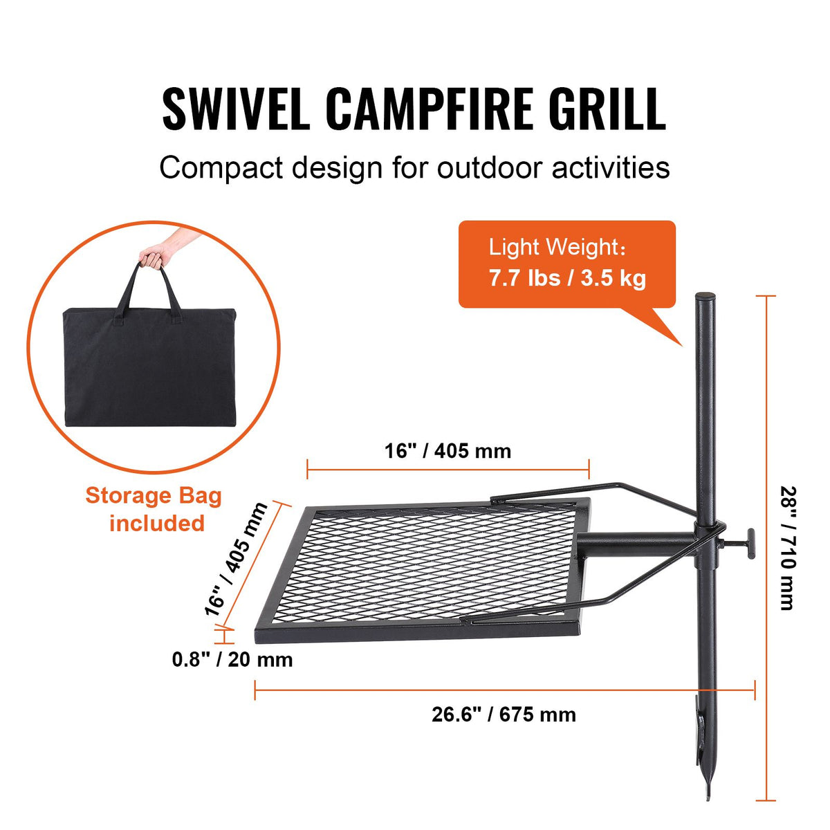 Swivel Campfire Grill, Fire Pit Grill Grate over Fire Pits, Heavy Duty Steel Grill Grates, 360° Adjustable Open Fire Outdoor Cooking Equipment, Portable Camp Fire Racks for Camping Outdoor BBQ
