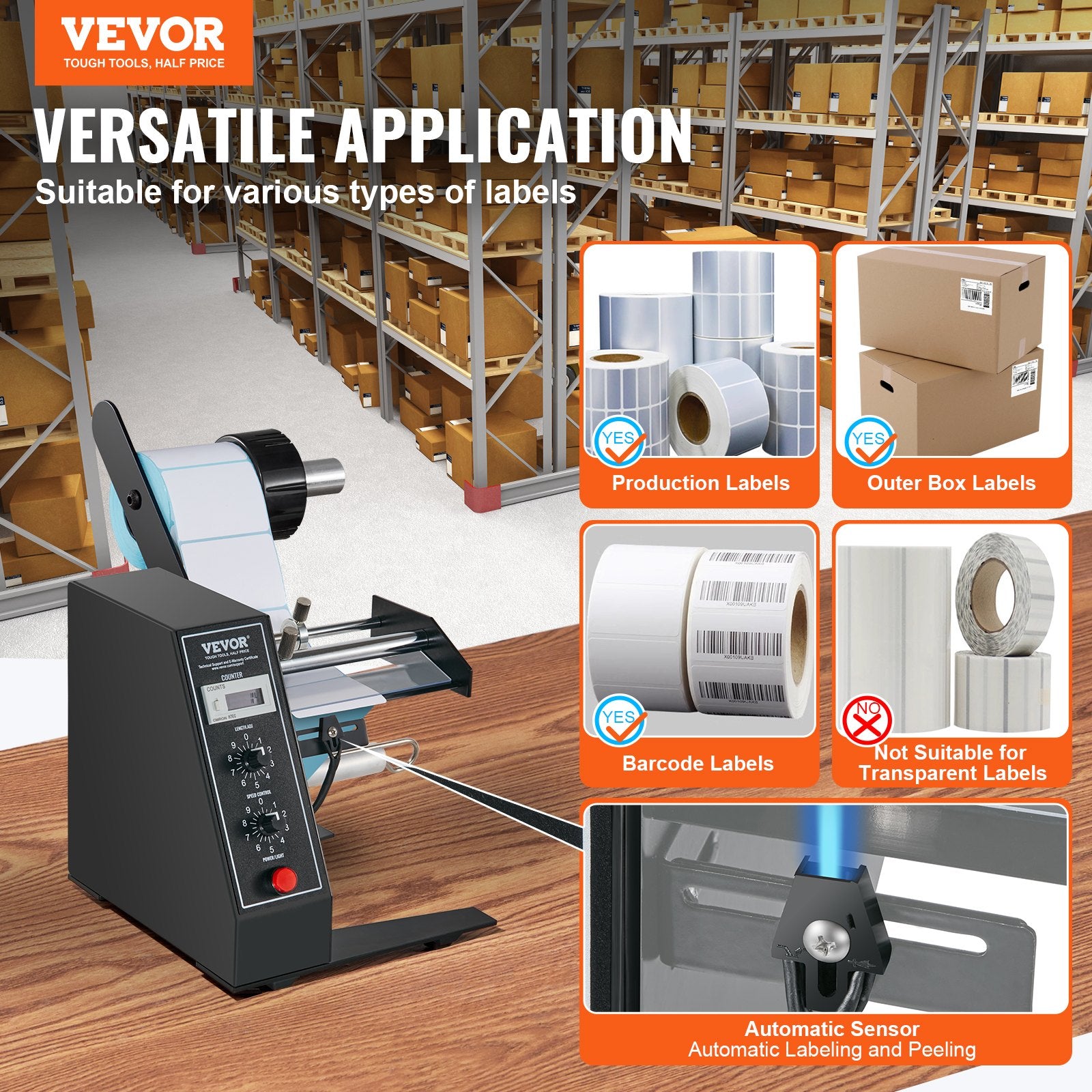 Automotive Repair & Speciality Tools: VEVOR Automatic Label Dispenser, Width 15-125 mm, Length 3-150 mm, Automatic Label Stripper Label Separating Machine, Speed Adjustable Label Applicator, Auto Counting 0-999999 for Various Label Sizes