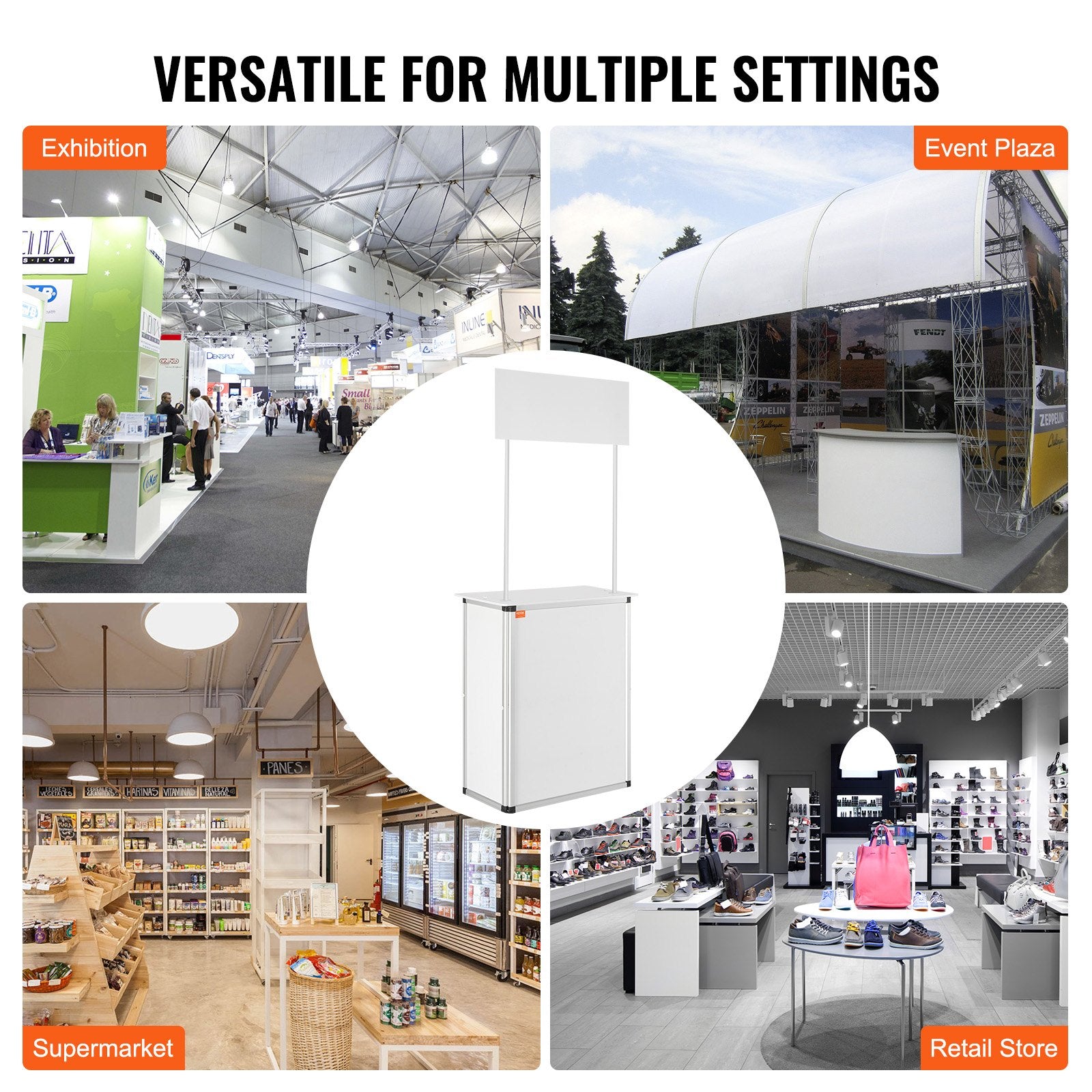 Portable Tradeshow Podium Table, 785 x 380 x 1815 mm, Display Exhibition Counter Stand Booth Fair with Wall, Foldable Promotion Retail Bar Table Pop Up Podium with Storage Rack/Carrying Bag