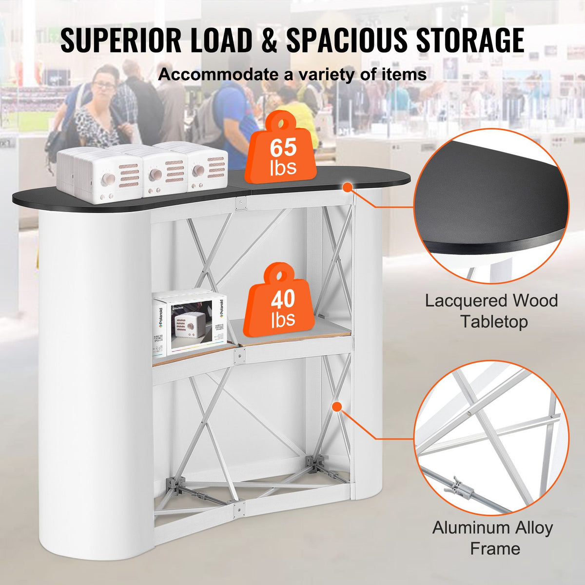 Portable Tradeshow Podium Table, 1300 x 465 x 950 mm, Display Exhibition Counter Stand Booth Fair with Wall, Foldable Promotion Retail Bar Table Pop Up Podium with Storage Rack, Carrying Bag