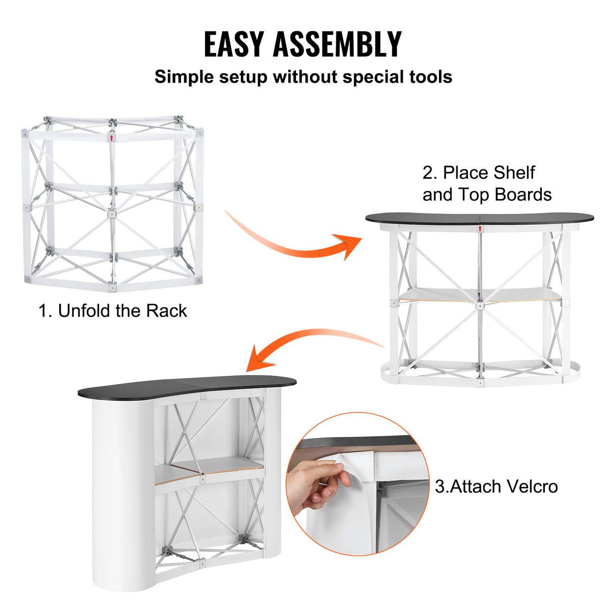 Portable Tradeshow Podium Table, 1300 x 465 x 950 mm, Display Exhibition Counter Stand Booth Fair with Wall, Foldable Promotion Retail Bar Table Pop Up Podium with Storage Rack, Carrying Bag