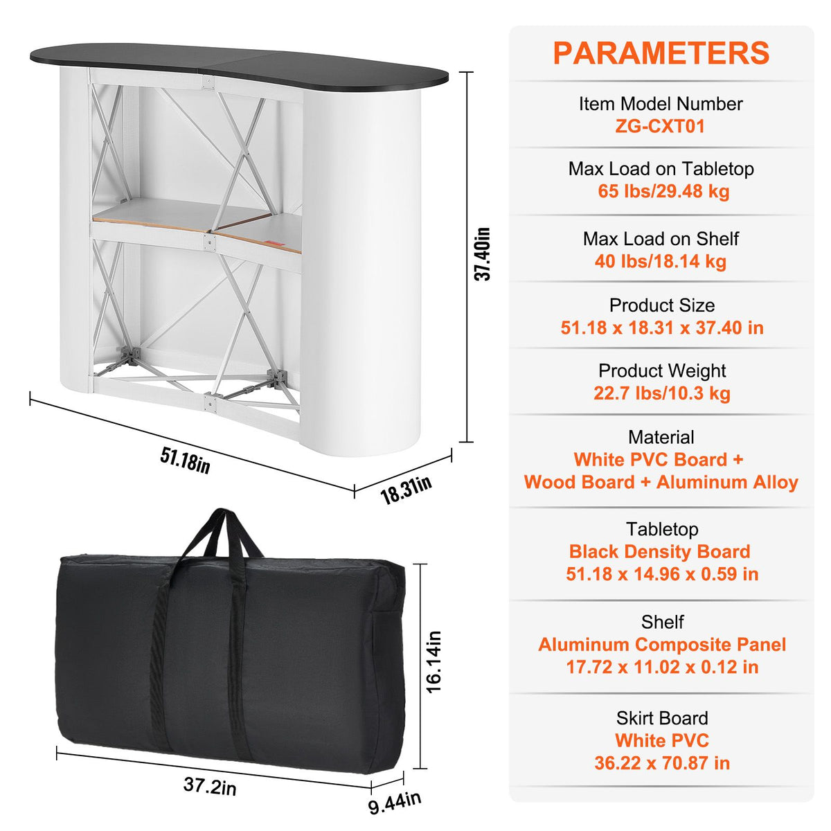 Portable Tradeshow Podium Table, 1300 x 465 x 950 mm, Display Exhibition Counter Stand Booth Fair with Wall, Foldable Promotion Retail Bar Table Pop Up Podium with Storage Rack, Carrying Bag