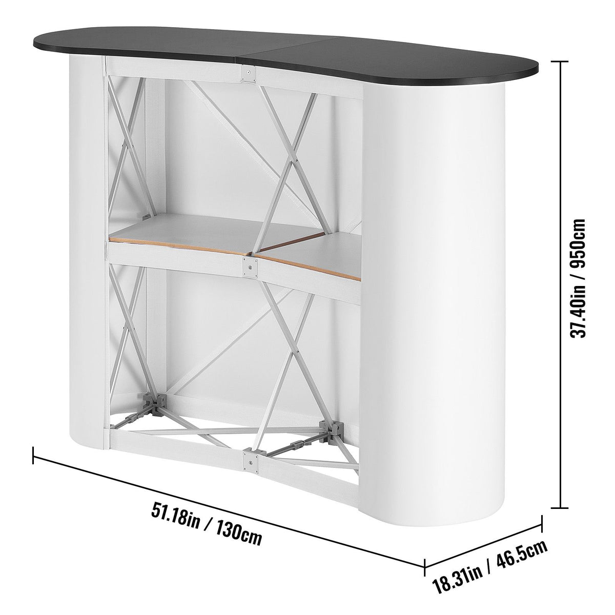 Portable Tradeshow Podium Table, 1300 x 465 x 950 mm, Display Exhibition Counter Stand Booth Fair with Wall, Foldable Promotion Retail Bar Table Pop Up Podium with Storage Rack, Carrying Bag