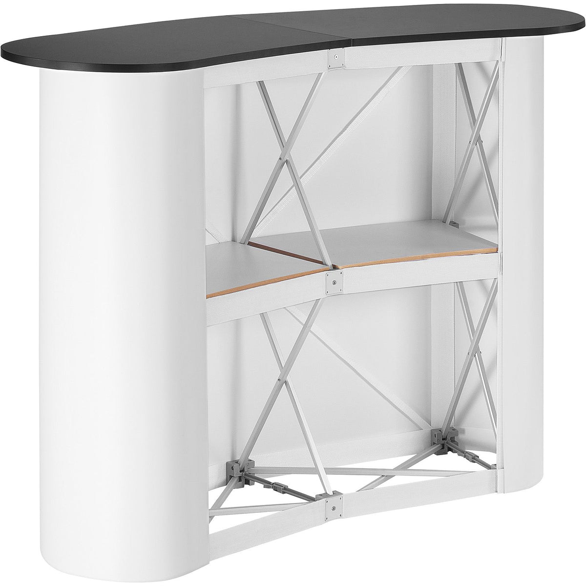 Portable Tradeshow Podium Table, 1300 x 465 x 950 mm, Display Exhibition Counter Stand Booth Fair with Wall, Foldable Promotion Retail Bar Table Pop Up Podium with Storage Rack, Carrying Bag