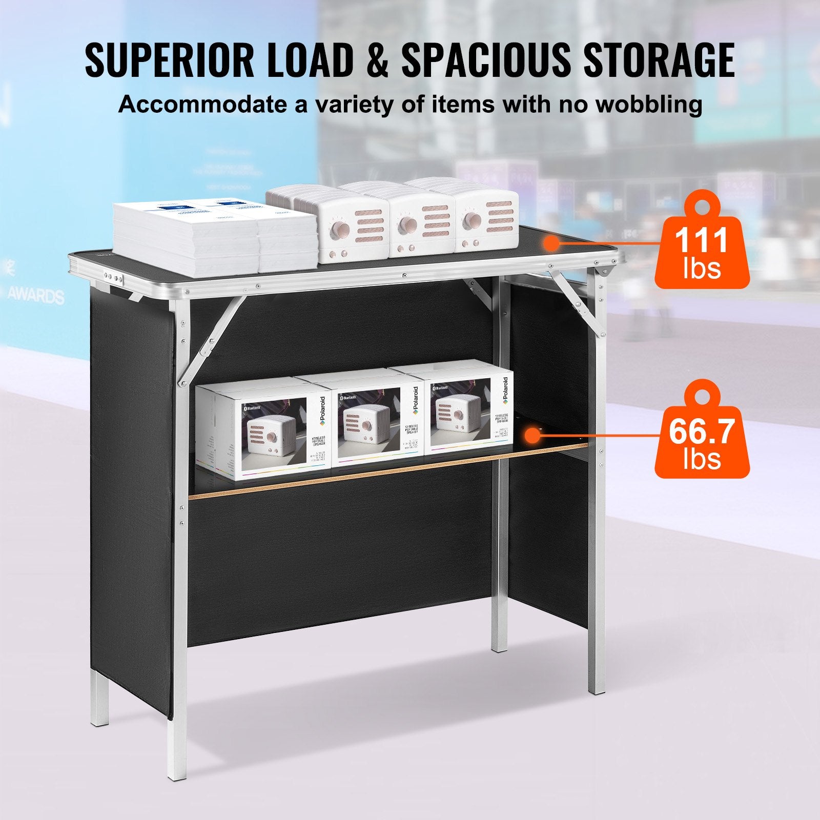 Desk Accessories: VEVOR Folding Portable Bar Table, Tradeshow Podium Table for Indoor, Outdoor, Party, Picnic, Exhibition, Includes Carrying Case, Storage Shelf and Black Skirt, 38.39" x 15.16" x 34.25“
