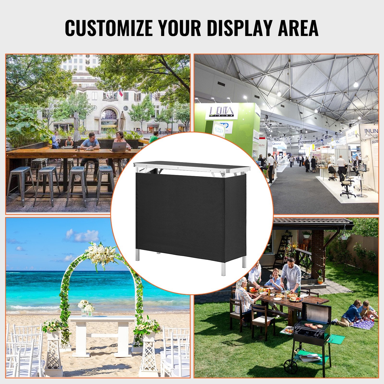 Desk Accessories: VEVOR Folding Portable Bar Table, Tradeshow Podium Table for Indoor, Outdoor, Party, Picnic, Exhibition, Includes Carrying Case, Storage Shelf and Black Skirt, 38.39" x 15.16" x 34.25“