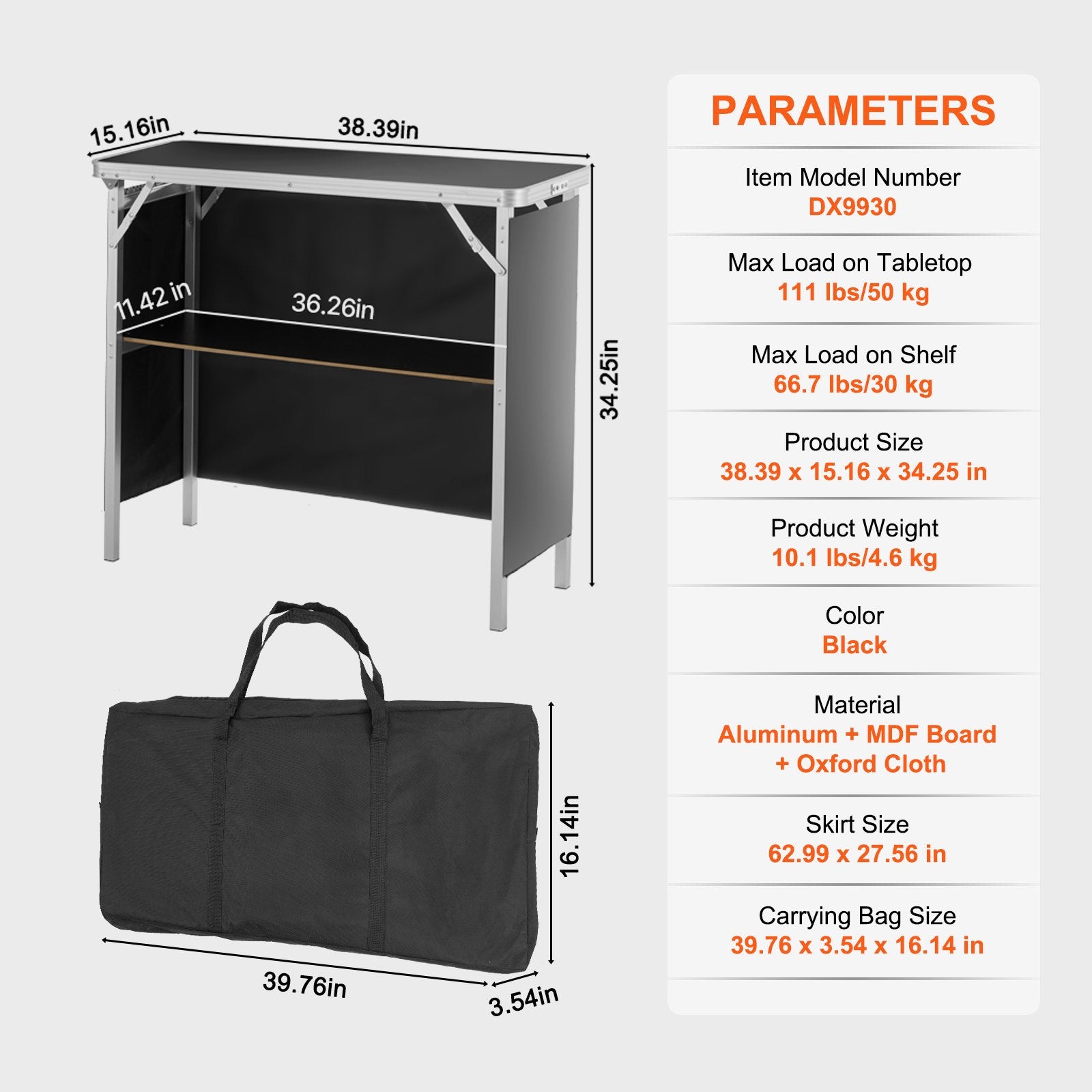 Desk Accessories: VEVOR Folding Portable Bar Table, Tradeshow Podium Table for Indoor, Outdoor, Party, Picnic, Exhibition, Includes Carrying Case, Storage Shelf and Black Skirt, 38.39" x 15.16" x 34.25“