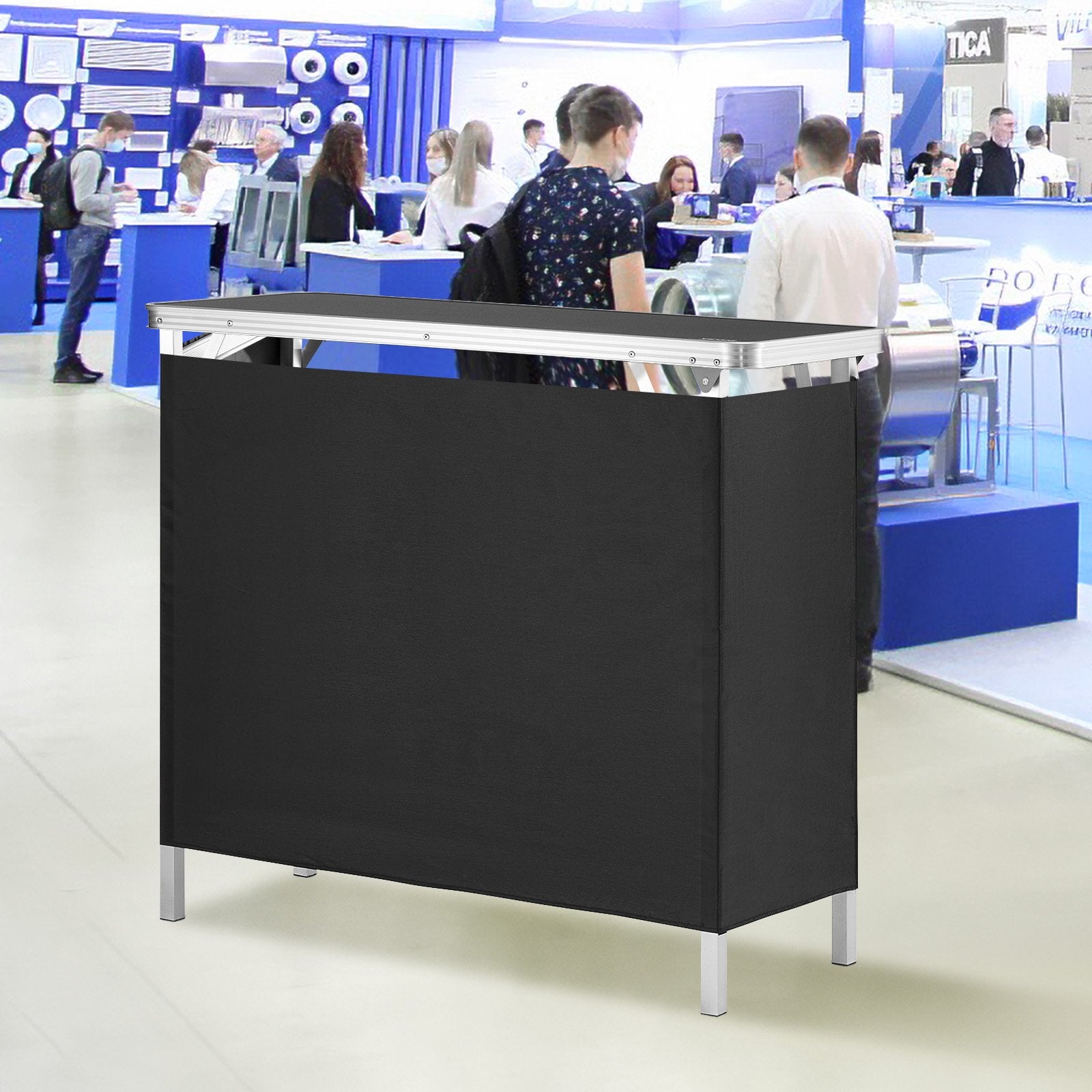 Desk Accessories: VEVOR Folding Portable Bar Table, Tradeshow Podium Table for Indoor, Outdoor, Party, Picnic, Exhibition, Includes Carrying Case, Storage Shelf and Black Skirt, 38.39" x 15.16" x 34.25“