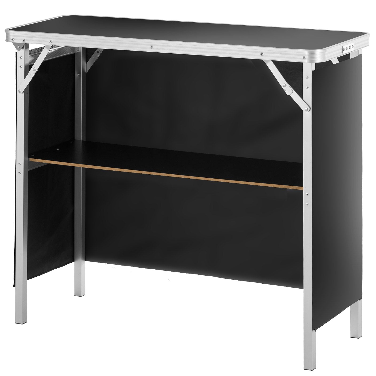 Desk Accessories: VEVOR Folding Portable Bar Table, Tradeshow Podium Table for Indoor, Outdoor, Party, Picnic, Exhibition, Includes Carrying Case, Storage Shelf and Black Skirt, 38.39" x 15.16" x 34.25“