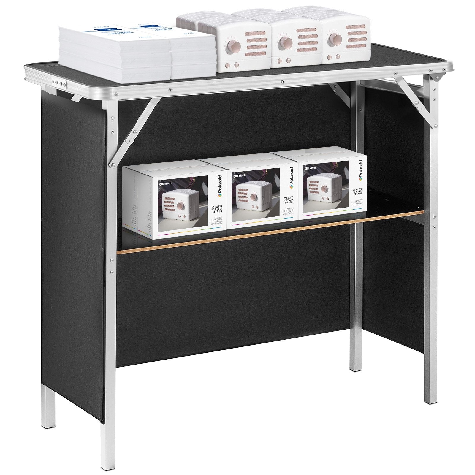 Desk Accessories: VEVOR Folding Portable Bar Table, Tradeshow Podium Table for Indoor, Outdoor, Party, Picnic, Exhibition, Includes Carrying Case, Storage Shelf and Black Skirt, 38.39" x 15.16" x 34.25“