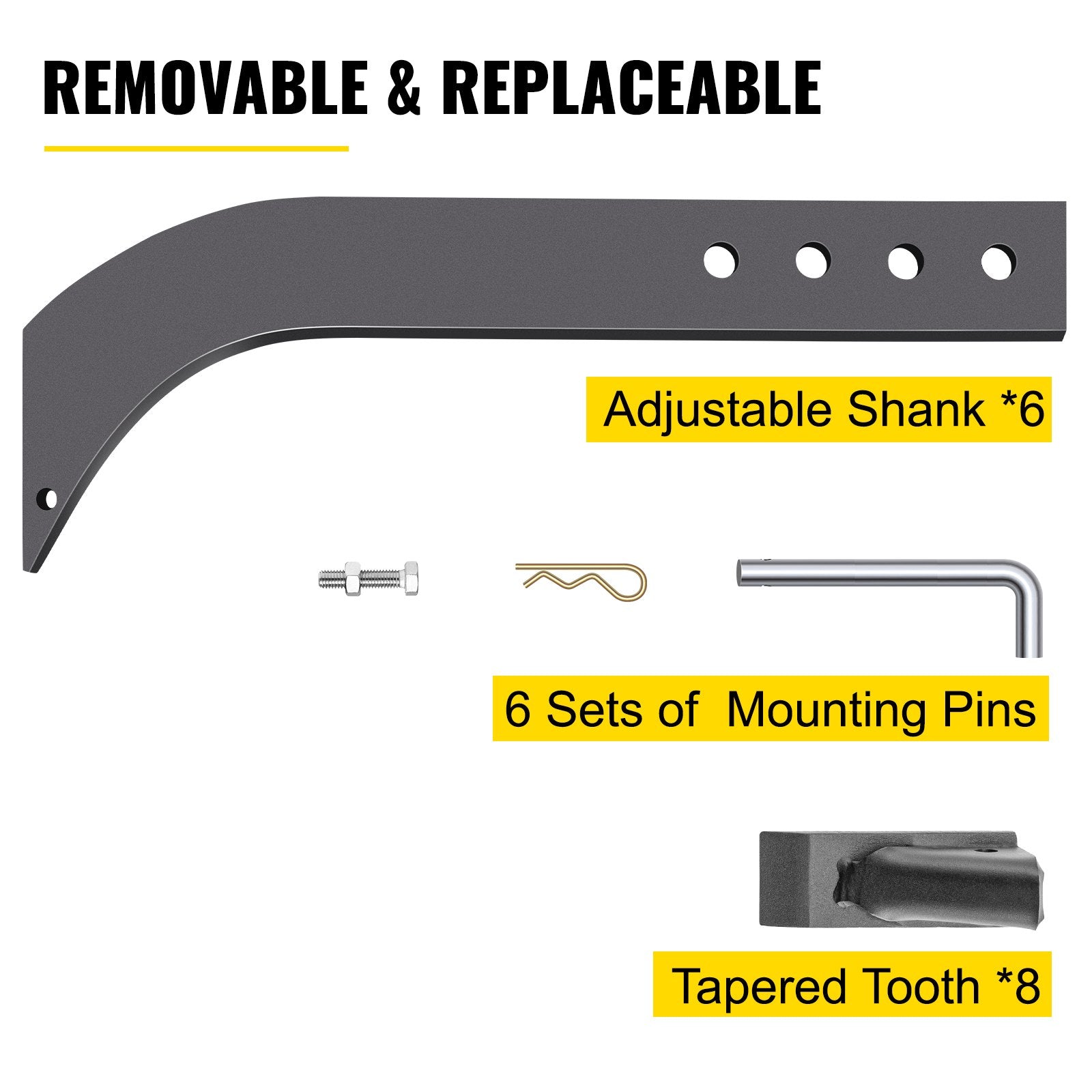 Chainsaws: VEVOR Box Blade Shank, 46.6 cm Scarifier Shank, 4 Holes Box Scraper Shank, Ripper Shank with Removable Tapered Teeth and Pins, Adjustable Shanks Assembly for Replacement, Digging, Plowing, 6PCS