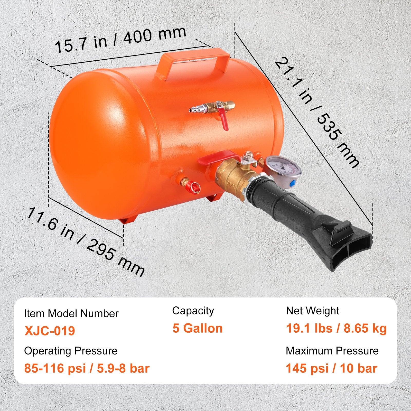 Automotive Repair & Speciality Tools: VEVOR Tire Bead Seater, 5 Gal/19L Air Tire Bead Blaster with Pressure Gauge & Handle, 145 PSI Seating Tool Inflator Tank, 85-116 PSI Operating Pressure for Car Truck ATV