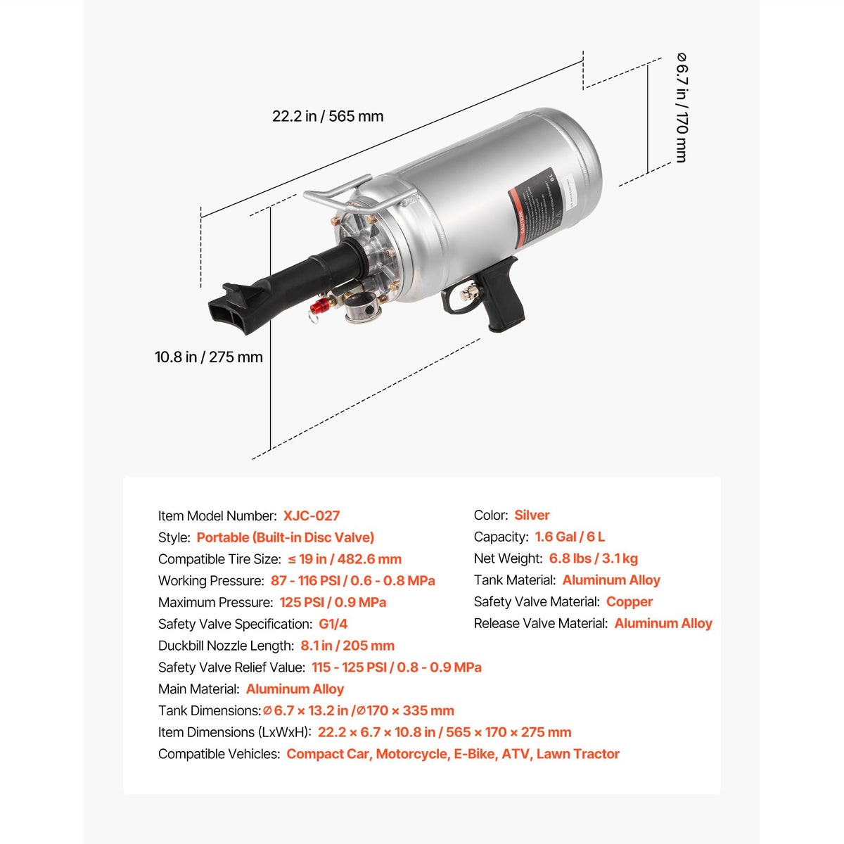Portable Tire Bead Seater, 1.6 Gal / 6 L Air Bead Blaster, Handheld Tire Inflator Tool, 87-116 PSI Operating Pressure, Trigger Seating Inflator for Car, Compact SUV, Light Truck, E-Bike, RV, ATV