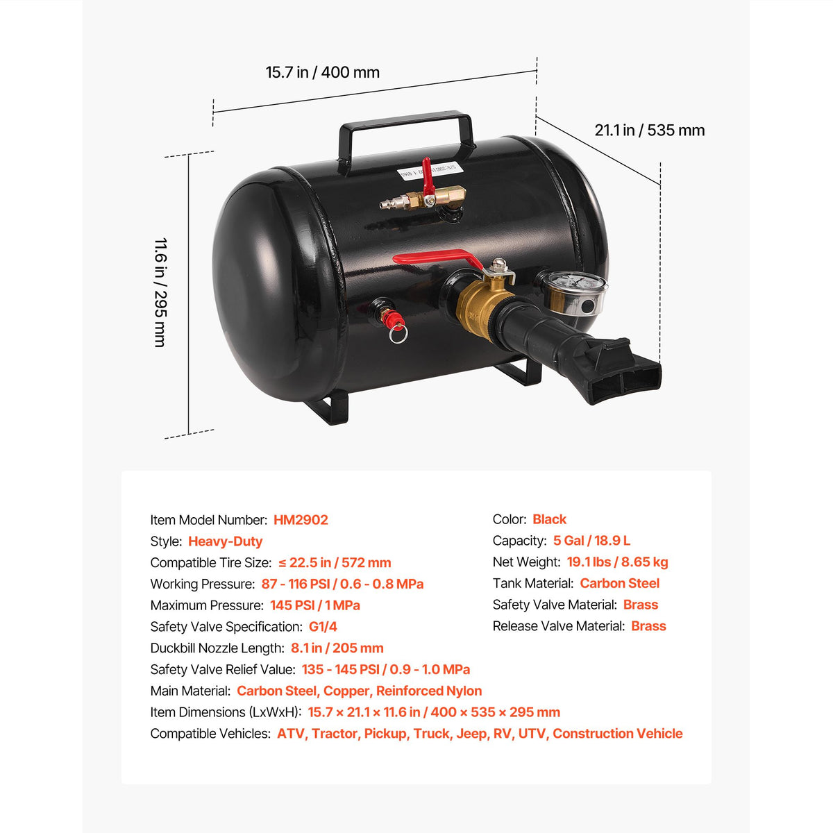 Air Tire Bead Seater, 5 Gal / 18.9 L, Heavy Duty Tire Bead Blaster Tool, 87-116 PSI Operating Pressure, Air Trigger Seating Inflator for Pickup, Truck, ATV, Jeep, Van, Lawn Tractor, RV, Black