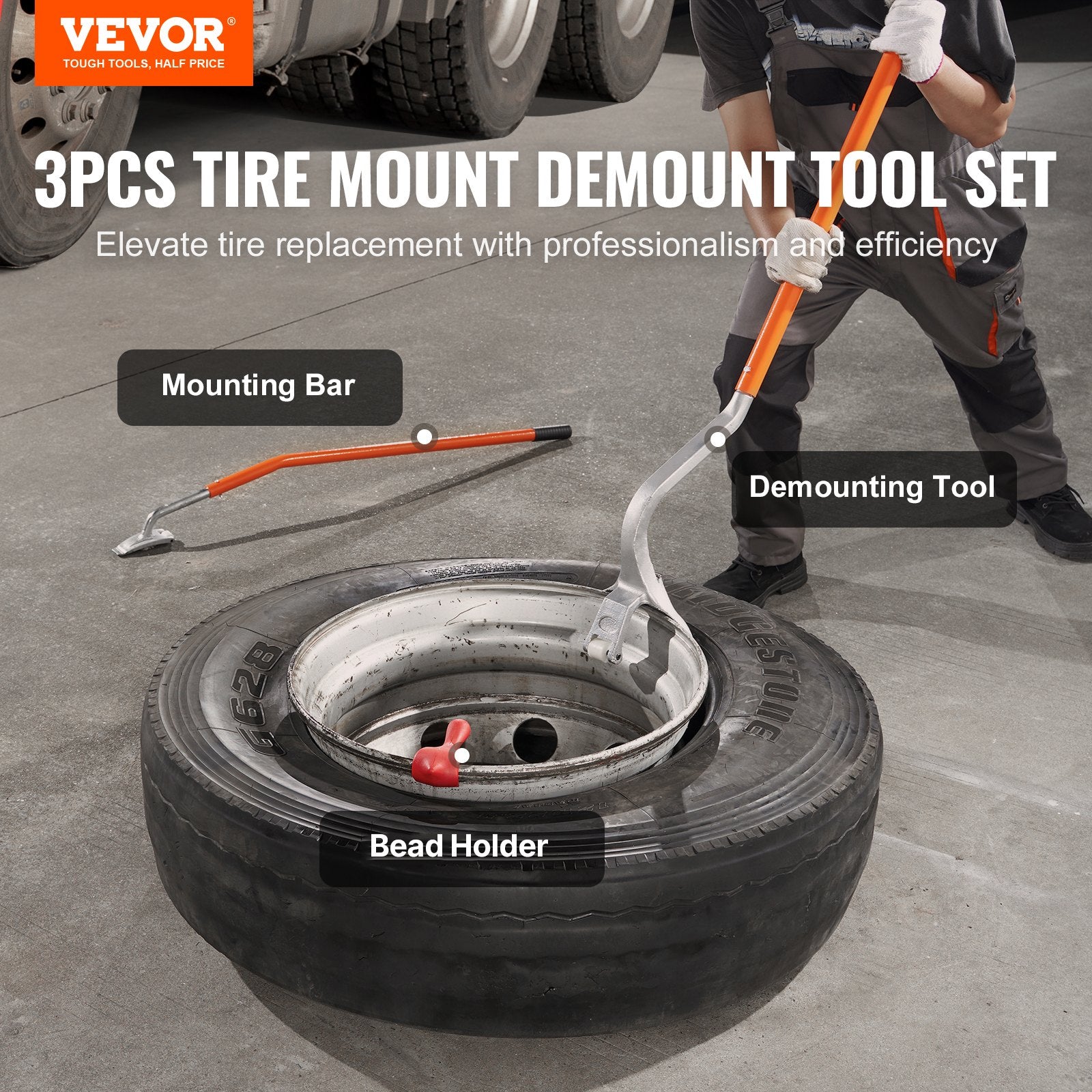 Tool Cabinets: VEVOR Tire Mount Demount Tool, 571-622 mm Manual Steel Tire Changer Mount Demount Removal Tool, with Extra Bead Holder, Tubeless Truck Bead Breaker, 3 PCS Tire Changing Tools, Orange