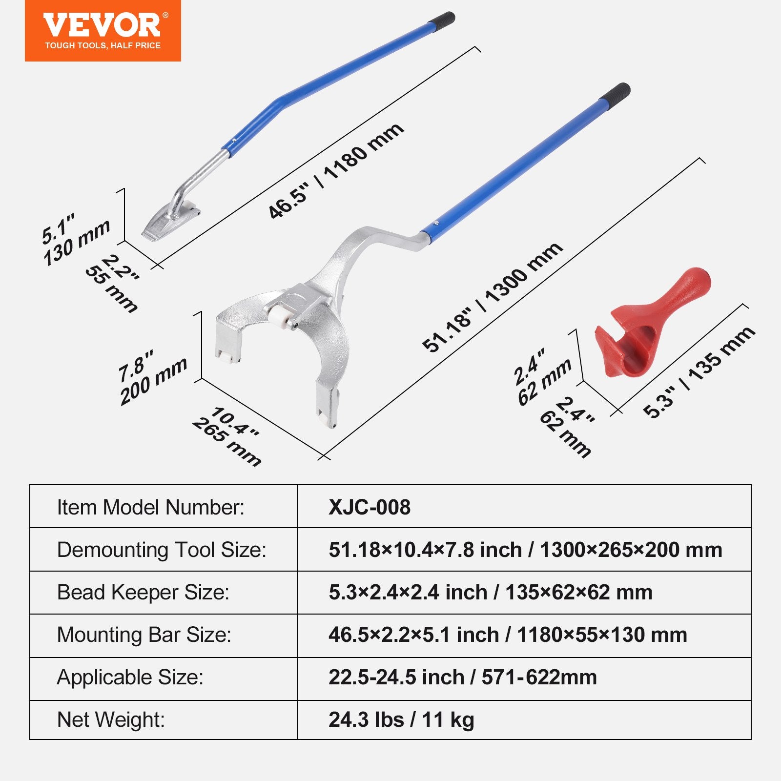 Tire Mount Demount Tool, 571-622 mm Manual Steel Tire Changer Mount Demount Removal Tool, with Extra Bead Keeper, Tubeless Truck Bead Breaker, 3 PCS Tire Changing Tools, Orange