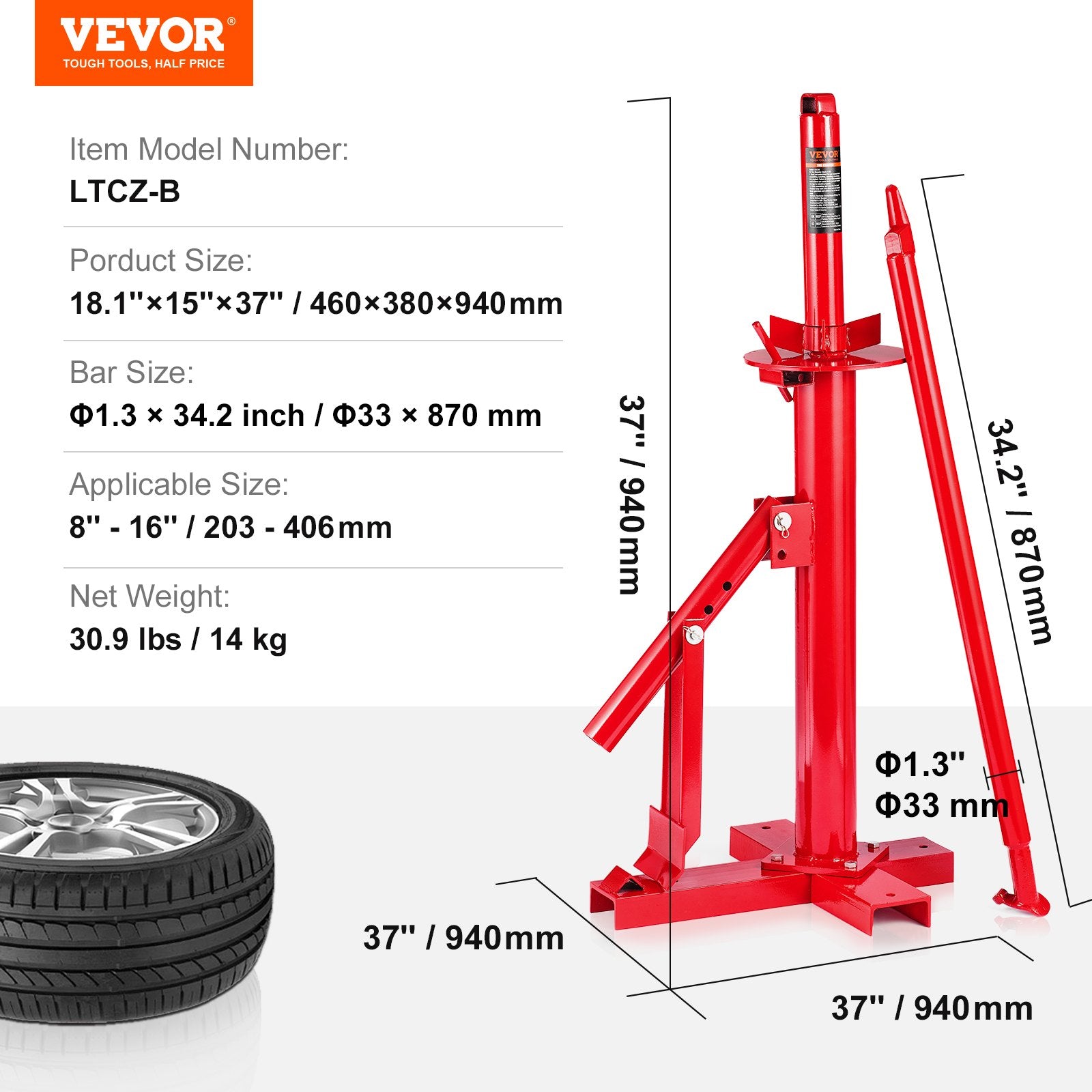 Manual Tire Changer, Portable Hand Bead Breaker Mounting Tool for 203 - 406 mm Tires, Compatible with Car Truck Trailer, Tire Mounting Machine for Home Garage Small Auto Shop