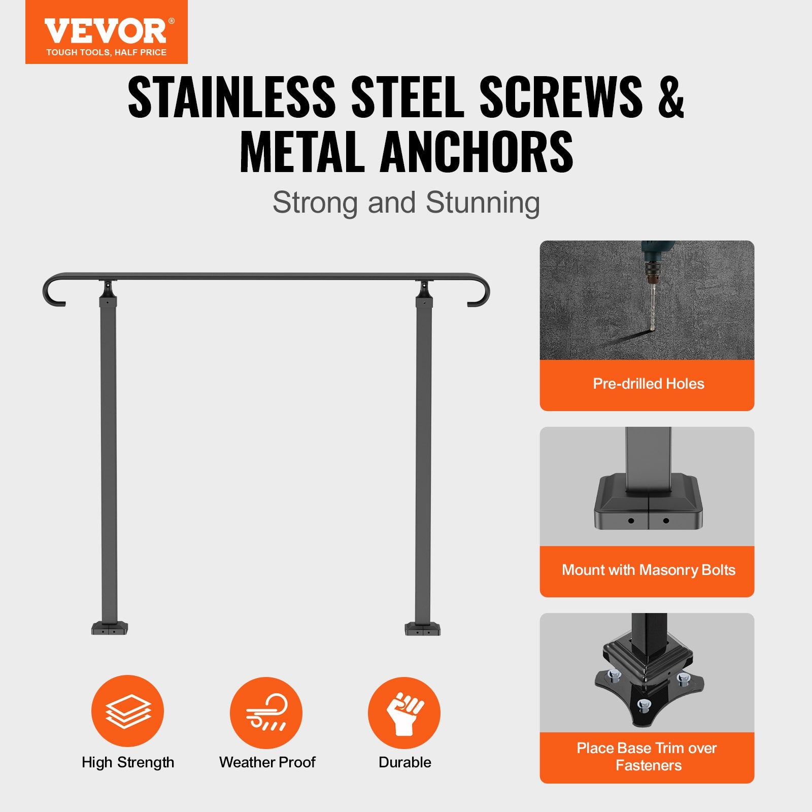Door Hardware: VEVOR Handrails for Outdoor Steps, Fit 1-3 Steps Wrought Iron Handrail, Outdoor Stair Railing, Adjustable Front Porch Hand Rail, Black Transitional Hand railings for Concrete Steps or Wooden Stairs