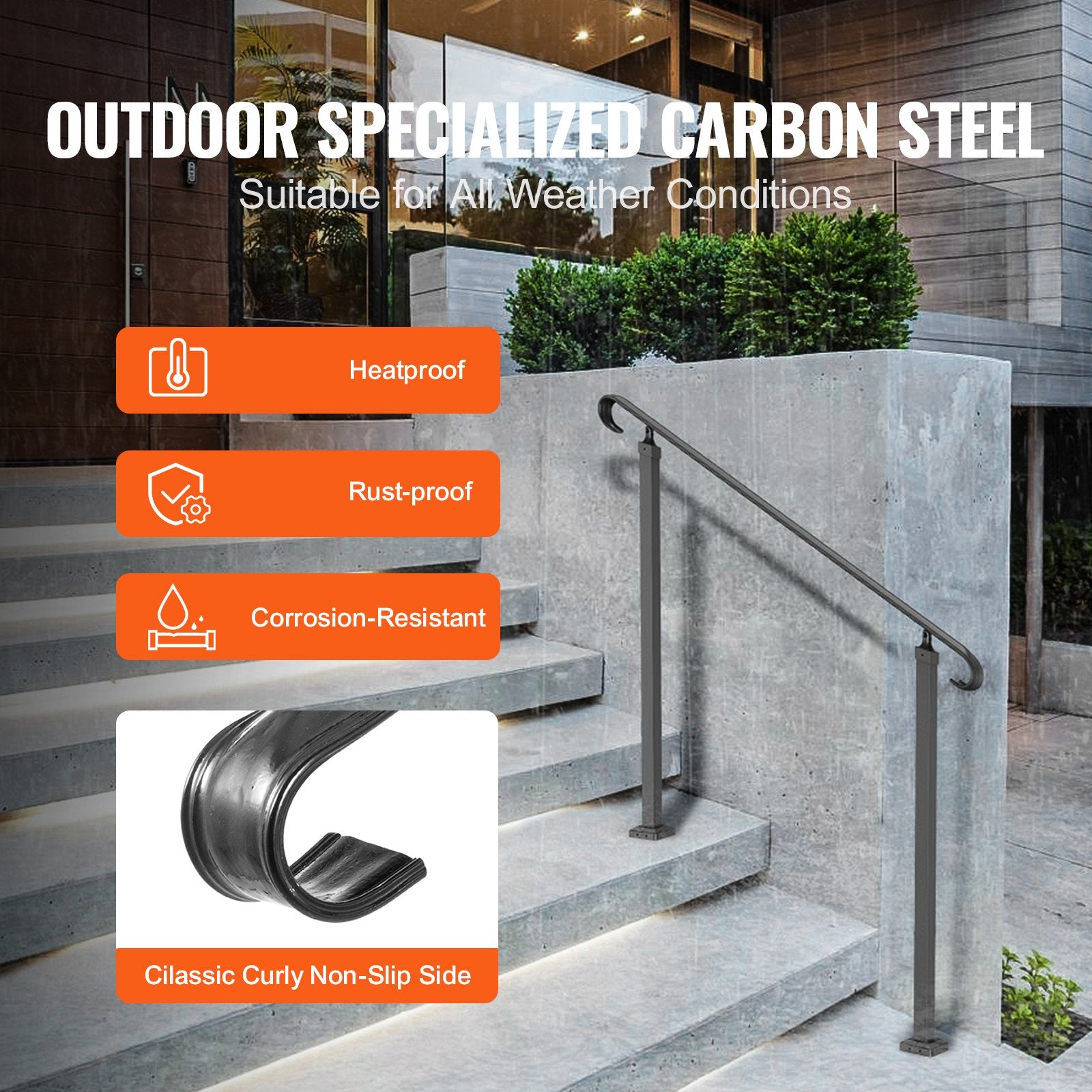 Door Hardware: VEVOR Handrails for Outdoor Steps, Fit 1-3 Steps Wrought Iron Handrail, Outdoor Stair Railing, Adjustable Front Porch Hand Rail, Black Transitional Hand railings for Concrete Steps or Wooden Stairs