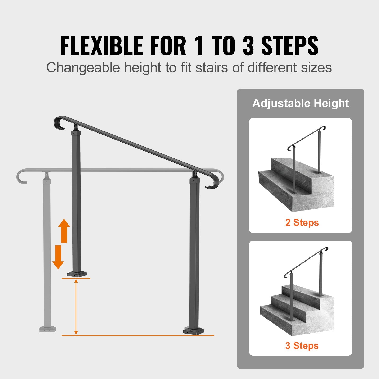 Door Hardware: VEVOR Handrails for Outdoor Steps, Fit 1-3 Steps Wrought Iron Handrail, Outdoor Stair Railing, Adjustable Front Porch Hand Rail, Black Transitional Hand railings for Concrete Steps or Wooden Stairs