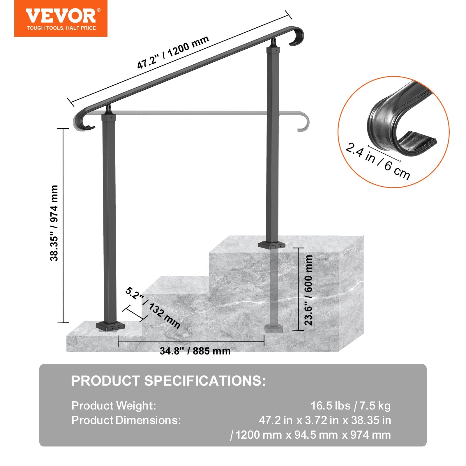 Door Hardware: VEVOR Handrails for Outdoor Steps, Fit 1-3 Steps Wrought Iron Handrail, Outdoor Stair Railing, Adjustable Front Porch Hand Rail, Black Transitional Hand railings for Concrete Steps or Wooden Stairs