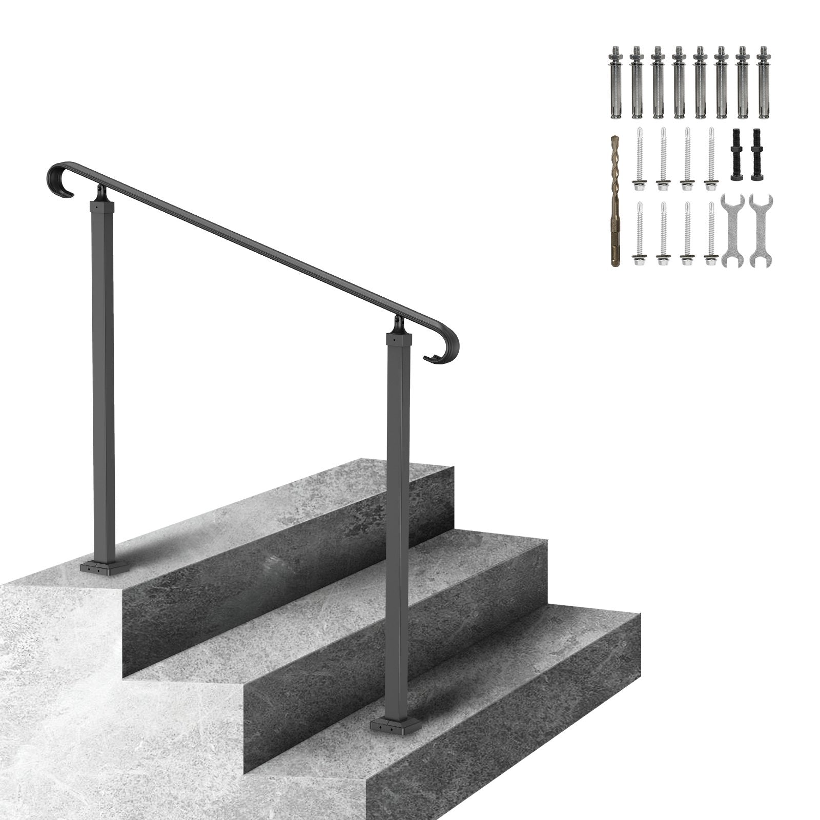 Door Hardware: VEVOR Handrails for Outdoor Steps, Fit 1-3 Steps Wrought Iron Handrail, Outdoor Stair Railing, Adjustable Front Porch Hand Rail, Black Transitional Hand railings for Concrete Steps or Wooden Stairs