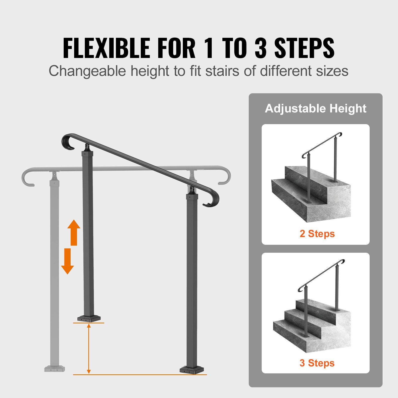 Door Hardware: VEVOR Handrails for Outdoor Steps, Fit 1-3 Steps Outdoor Stair Railing, Wrought Iron Handrail, Adjustable Front Porch Hand Rail, Black Transitional Hand railings for Concrete Steps or Wooden Stairs