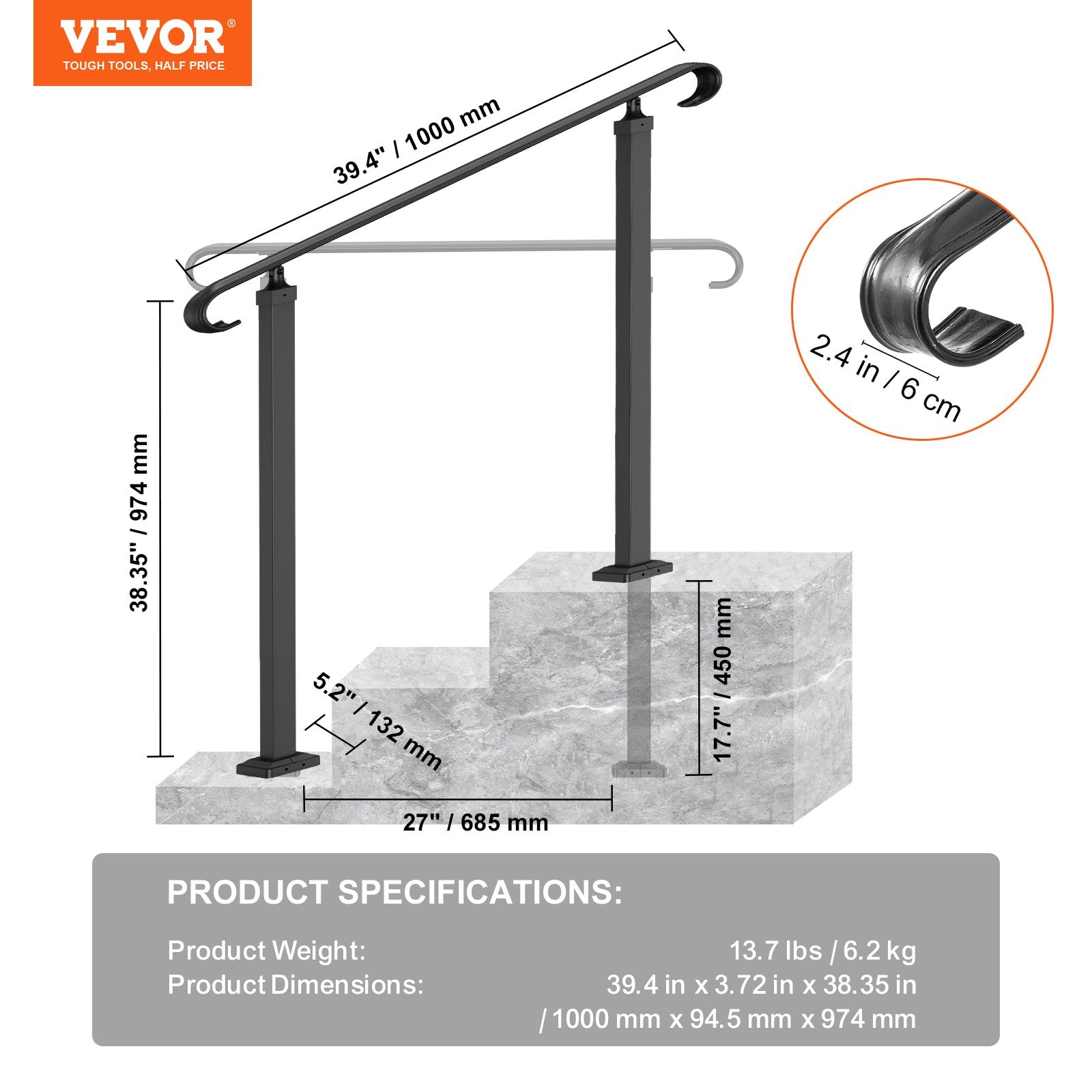 Door Hardware: VEVOR Handrails for Outdoor Steps, Fit 1-3 Steps Outdoor Stair Railing, Wrought Iron Handrail, Adjustable Front Porch Hand Rail, Black Transitional Hand railings for Concrete Steps or Wooden Stairs