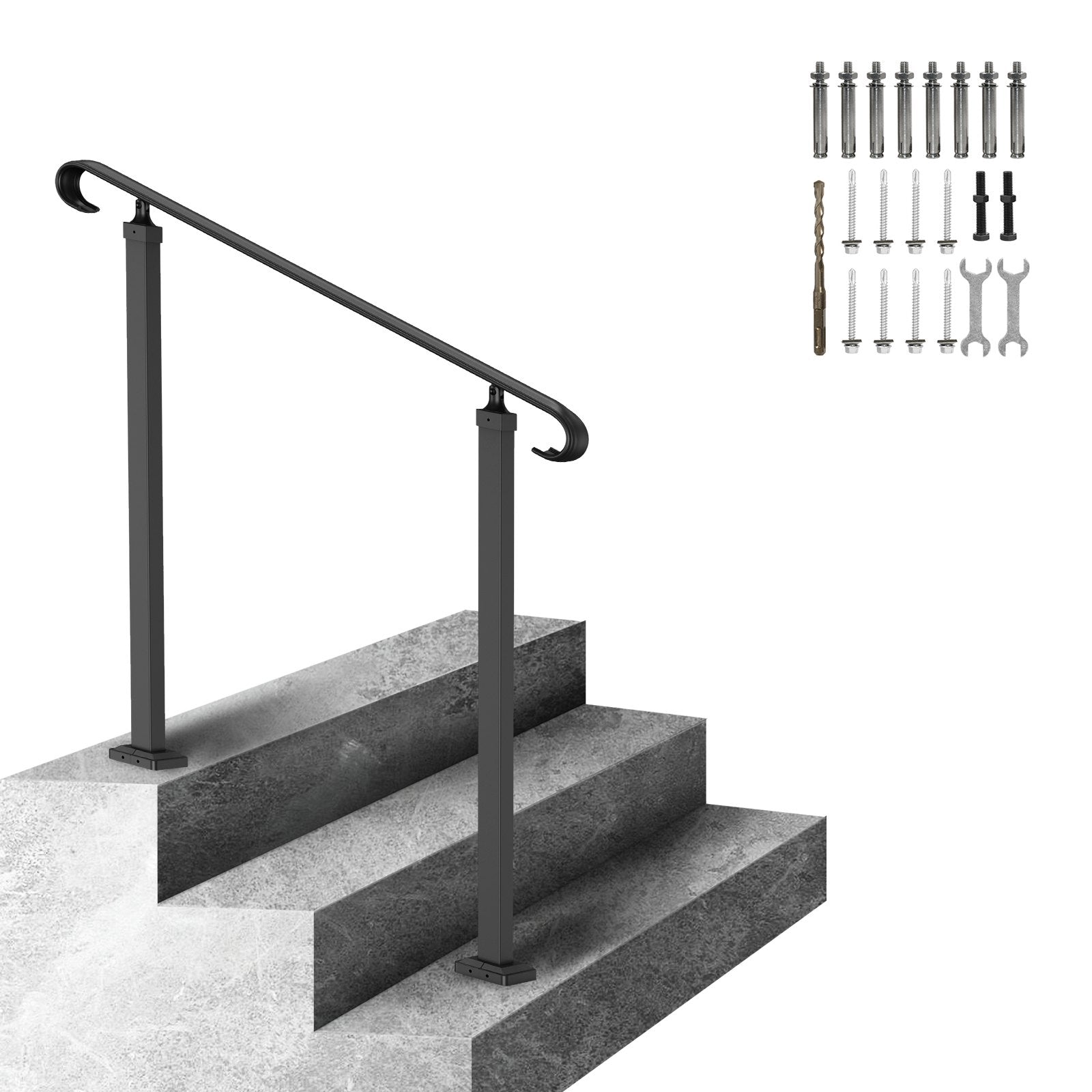 Door Hardware: VEVOR Handrails for Outdoor Steps, Fit 1-3 Steps Outdoor Stair Railing, Wrought Iron Handrail, Adjustable Front Porch Hand Rail, Black Transitional Hand railings for Concrete Steps or Wooden Stairs