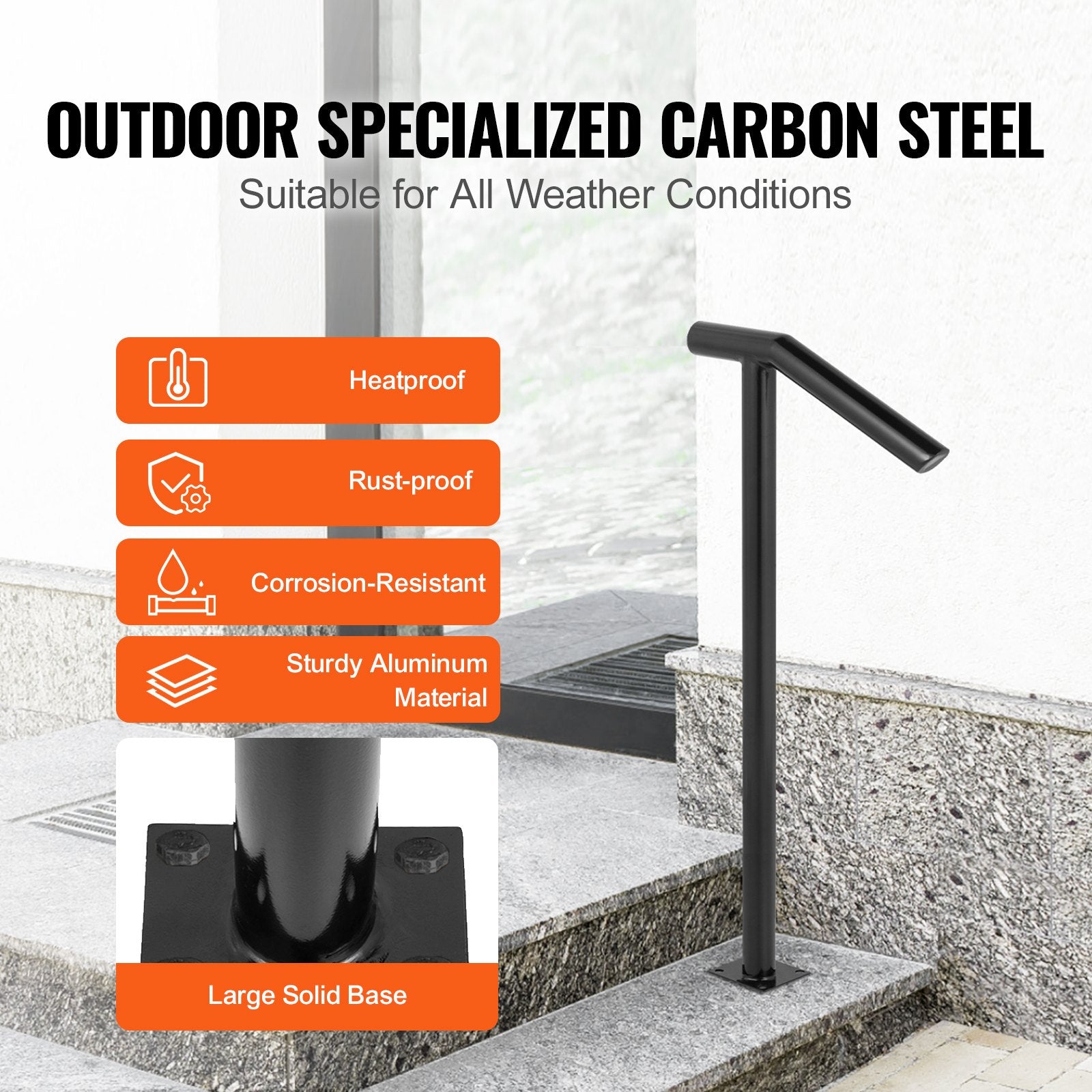 Table & Bar Stools: VEVOR Single Post 1-2, Black Steel Railing 441LBS Capacity Baking Varnish Iron Stairs Stylish Handrails for Outdoor Steps with Expansion Bolts & Drill Bit