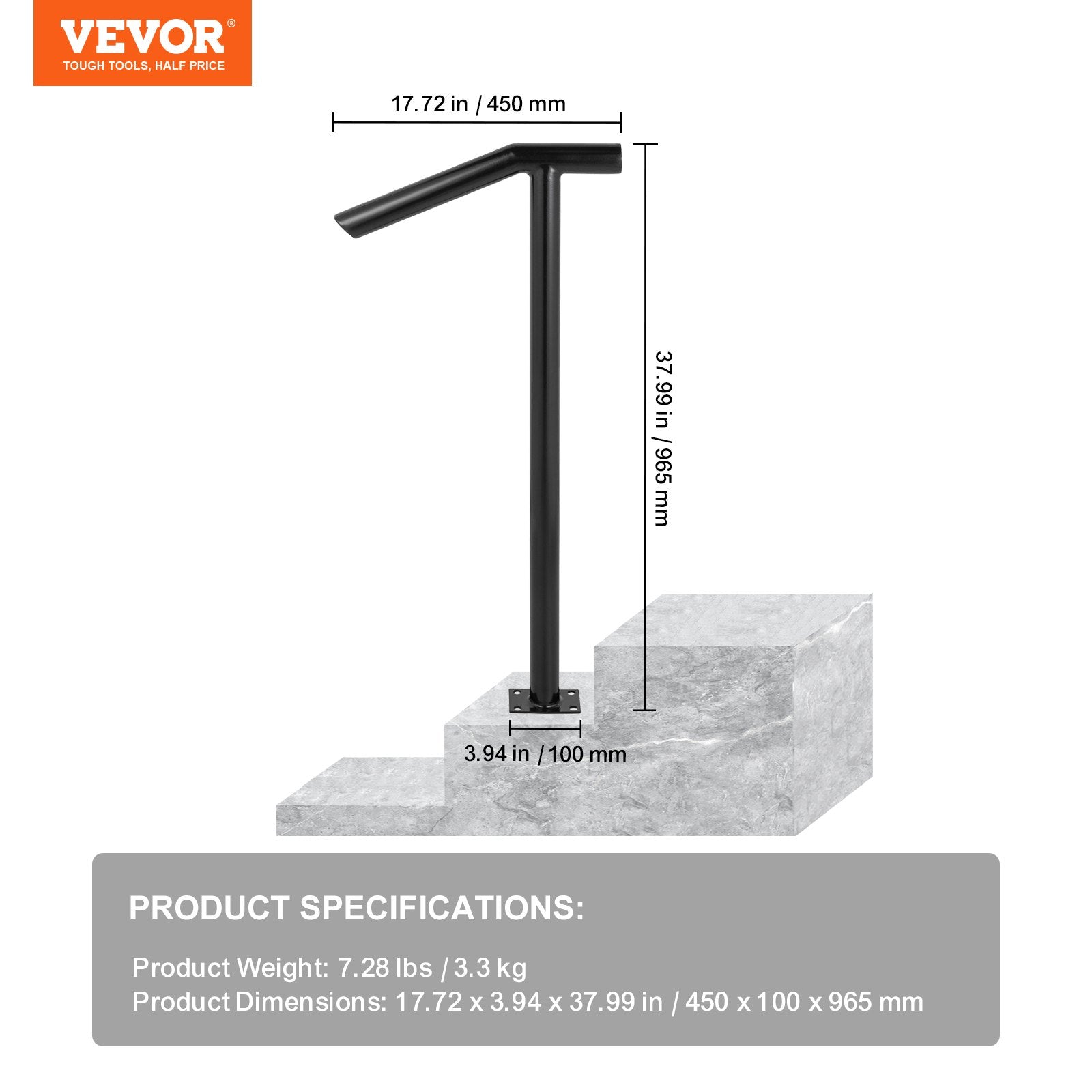 Table & Bar Stools: VEVOR Single Post 1-2, Black Steel Railing 441LBS Capacity Baking Varnish Iron Stairs Stylish Handrails for Outdoor Steps with Expansion Bolts & Drill Bit