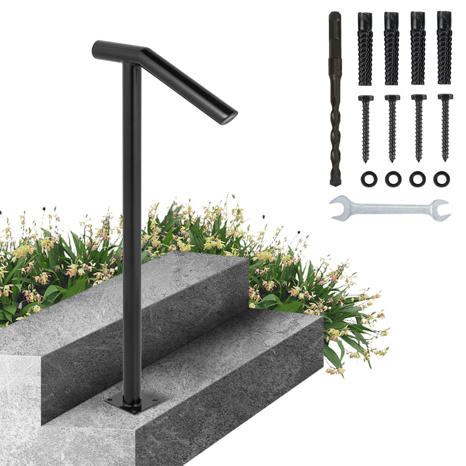 Table & Bar Stools: VEVOR Single Post 1-2, Black Steel Railing 441LBS Capacity Baking Varnish Iron Stairs Stylish Handrails for Outdoor Steps with Expansion Bolts & Drill Bit